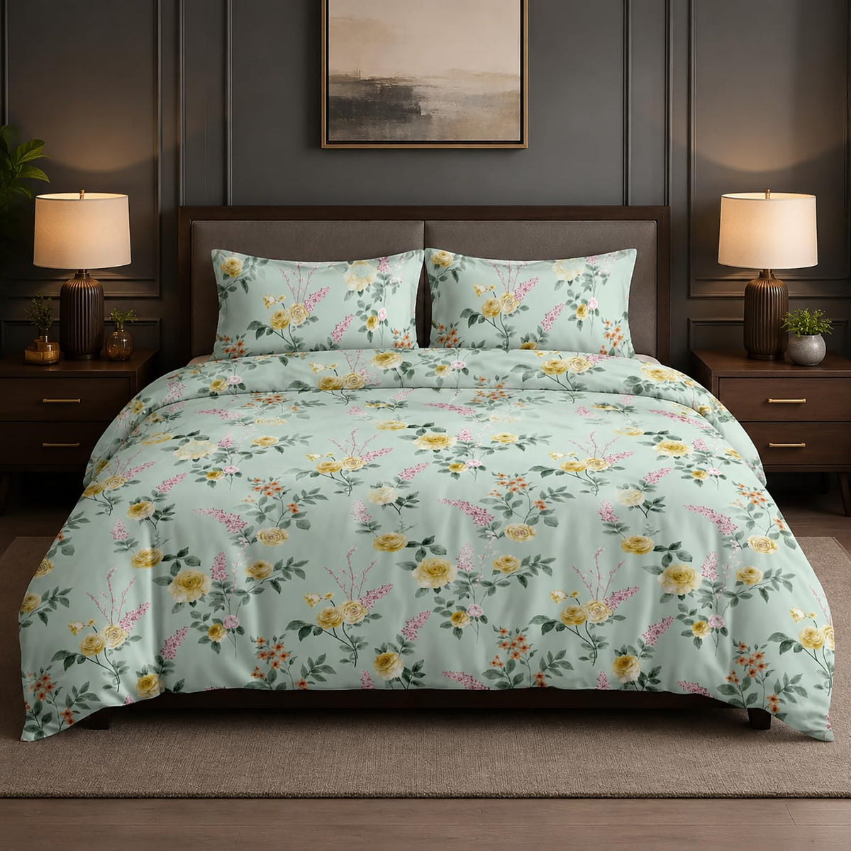 Double Bedsheet with 2 Pillow Covers 220 TC 100% Cotton Feel ( Green , 90 x 100 inch )