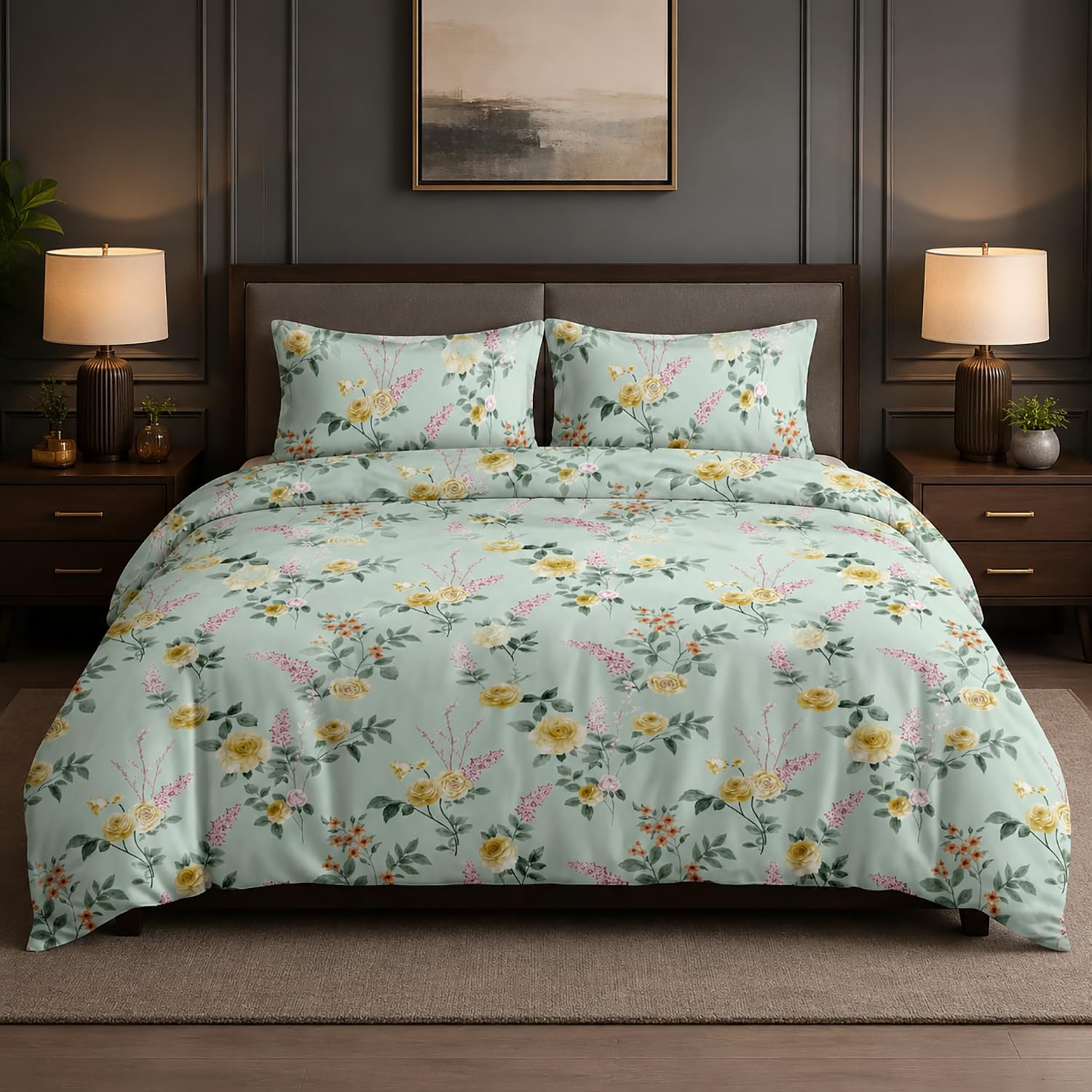 King Size Double Bedsheet with 2 Pillow Covers Premium Mint Rose Garden Printed  90 x 100 inch