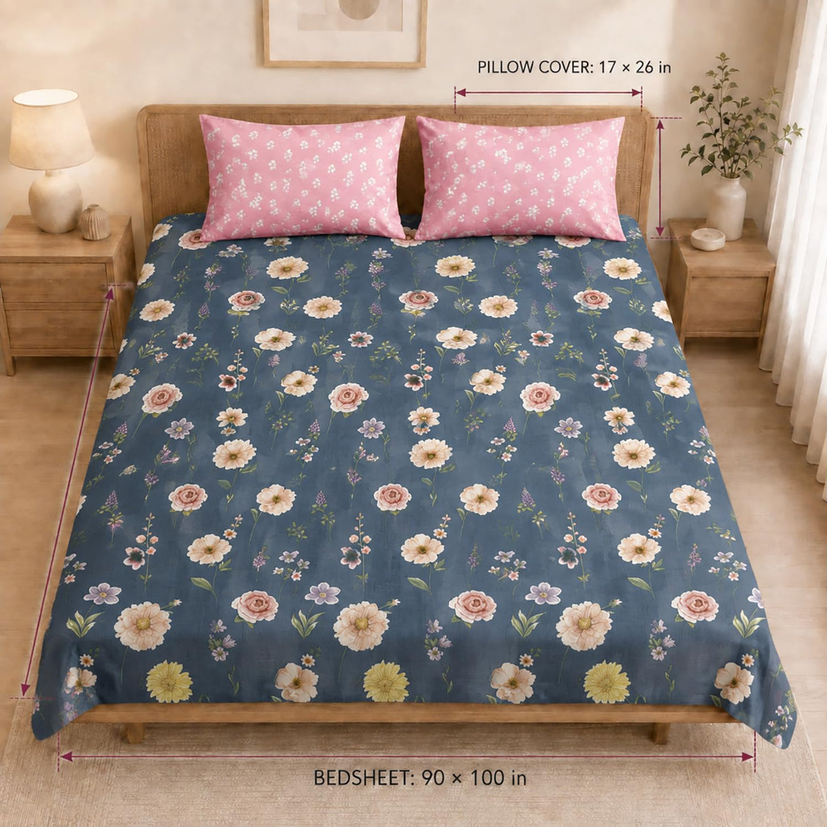 Double Bedsheet with 2 Pillow Covers 220 TC 100% Cotton Feel (King Size Navy 90x100 inch )