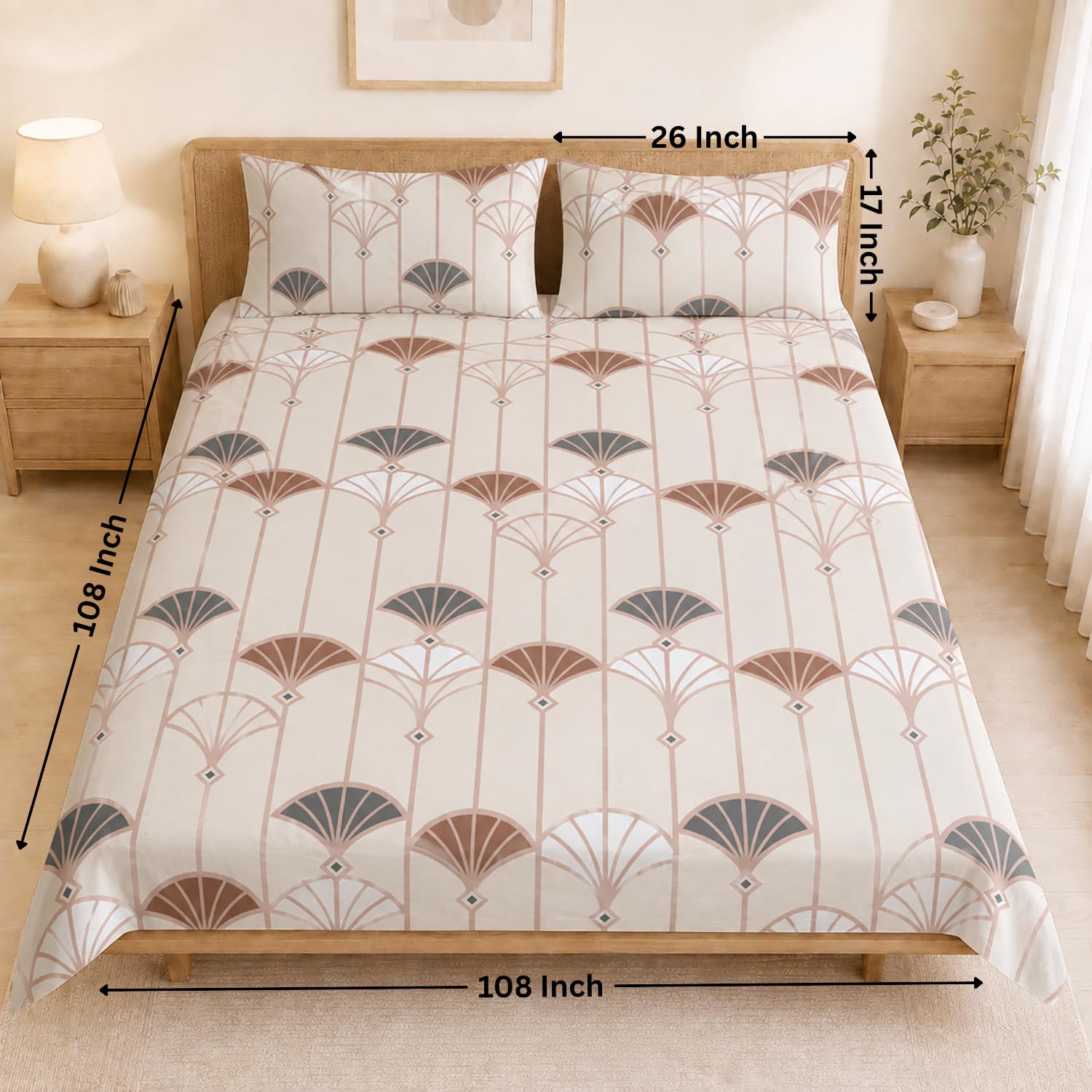 Double Bedsheet with 2 Pillow Covers Premium 240 TC 100% Cotton Feel ( King Size Beige & Brown 108x108 inch )