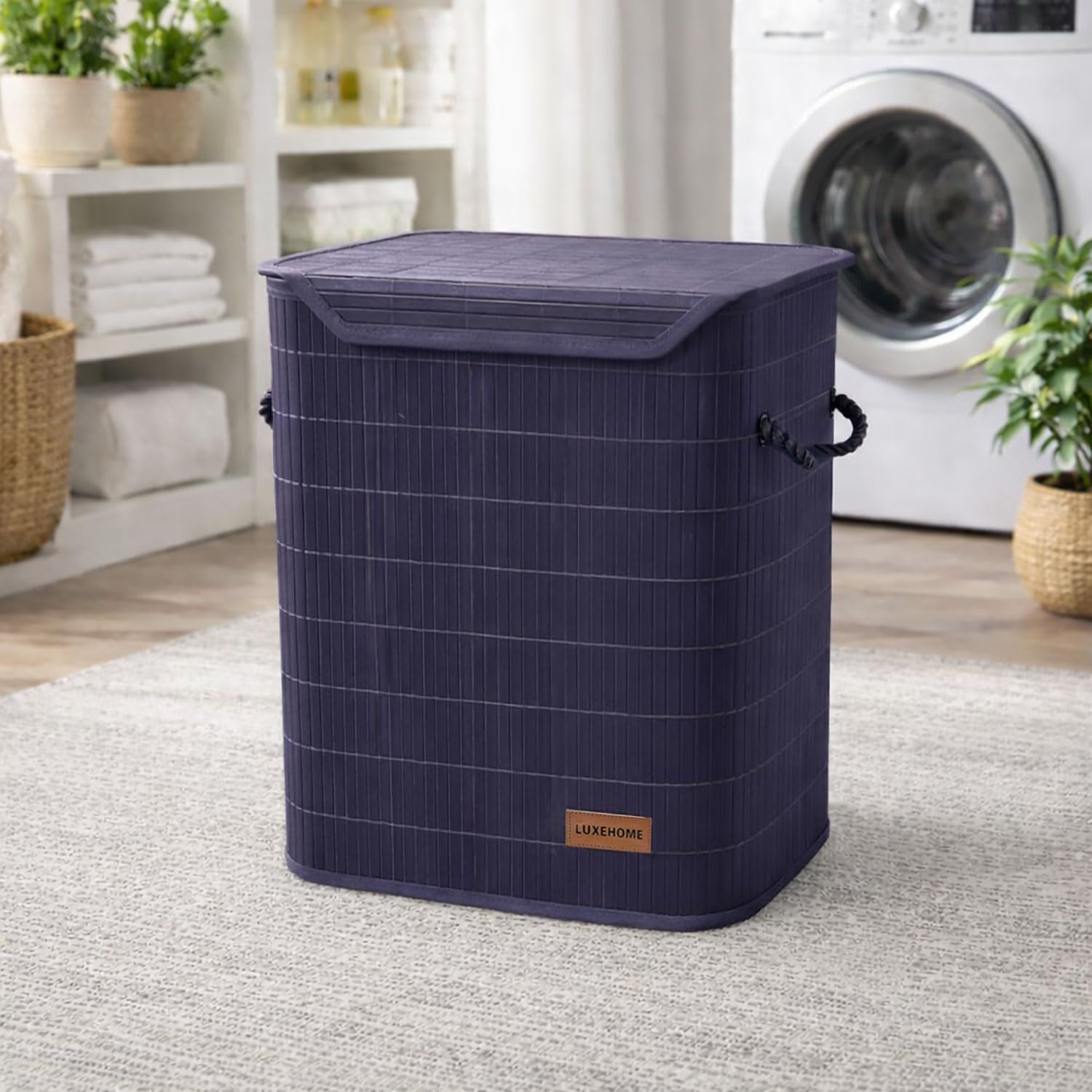 Rectangle Bamboo Laundry Basket for Clothes (Navy, 40x30x50 cm)