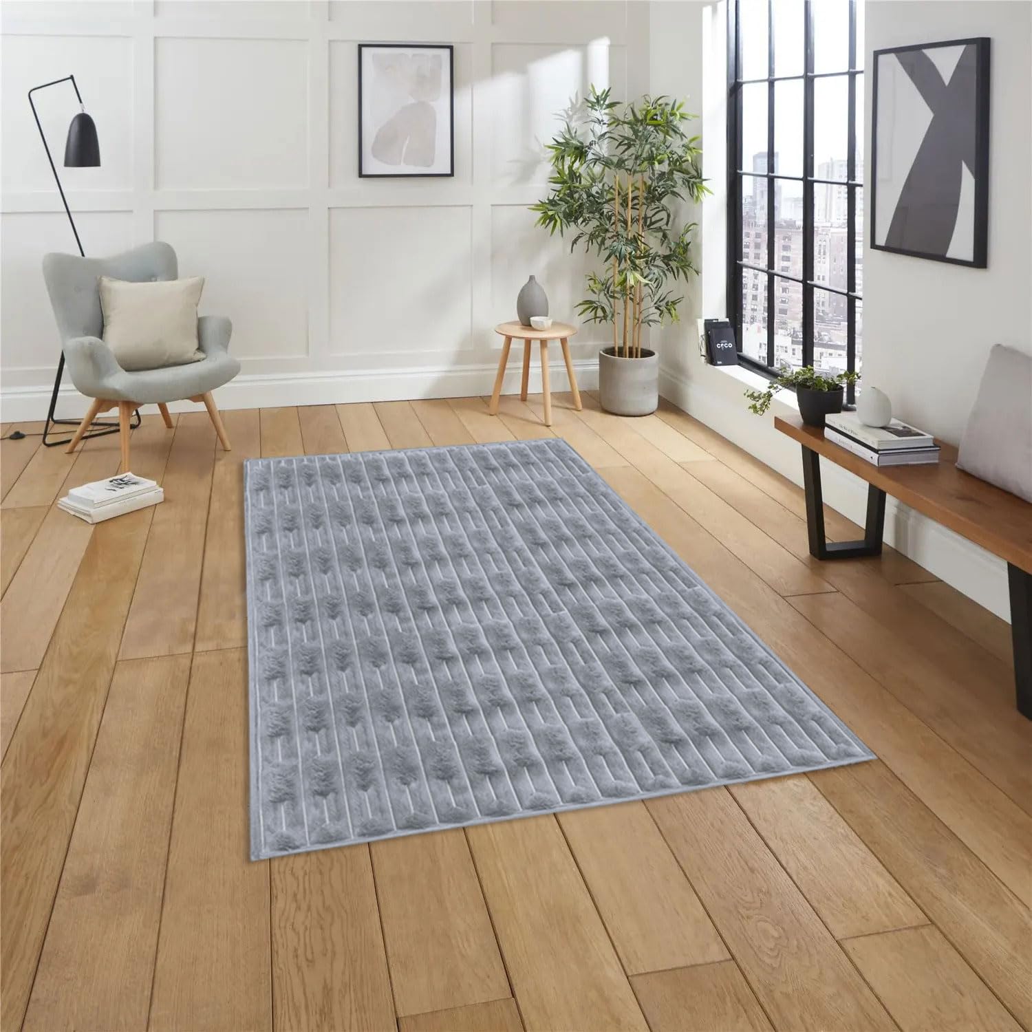 Rabbit Tail Fur Carpet (3x5 Feet, Silver)