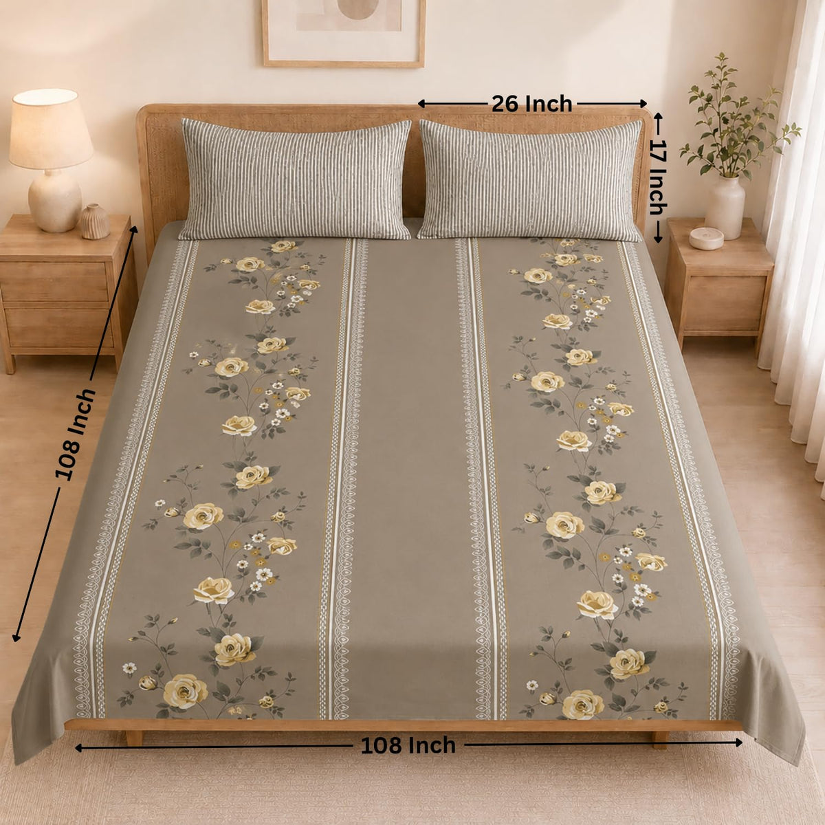 King Size Double Bedsheet with 2 Pillow Covers Premium  Rose Stripe Printed 108x108 inch