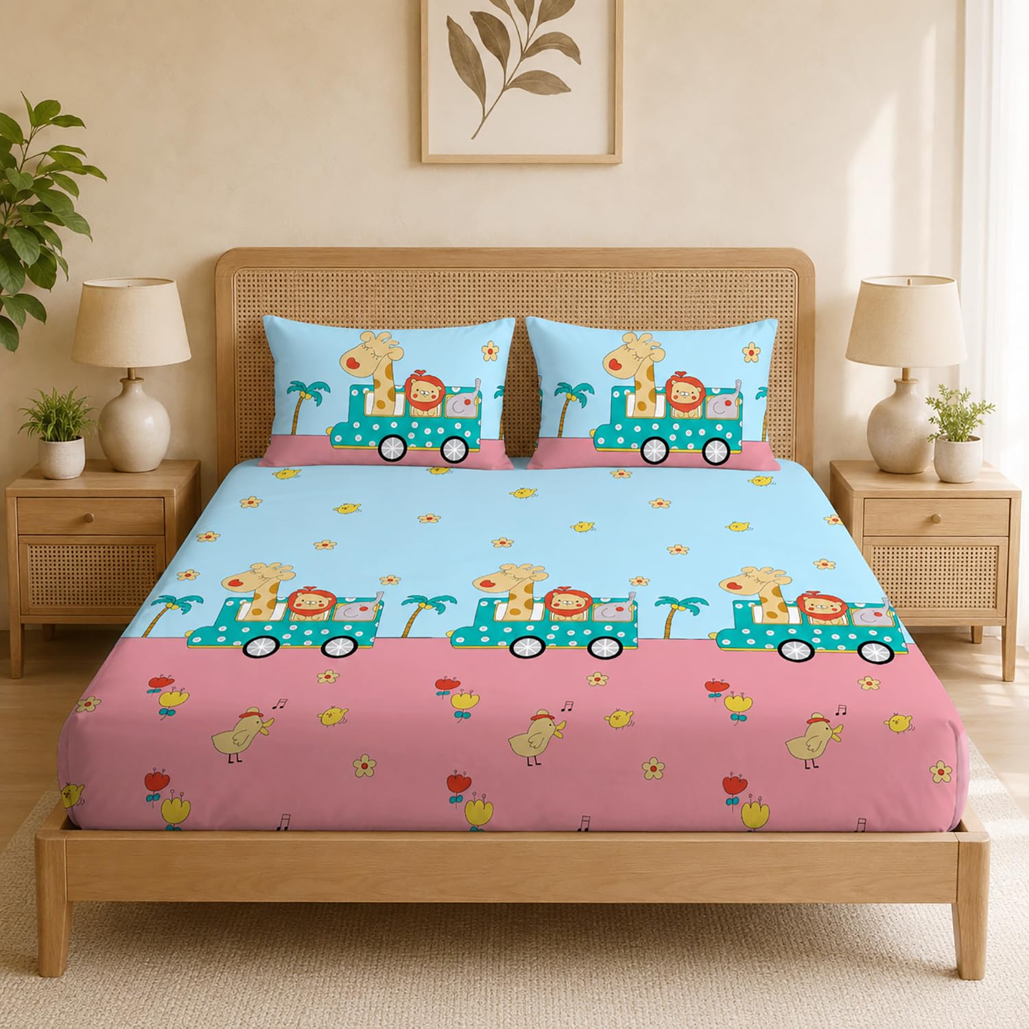 Double Bedsheet With 2 Pillow Covers Triangles Pattern 200 TC 100% Cotton Feel ( Queen Size 90x90 Inch Grey Set Of 3 )