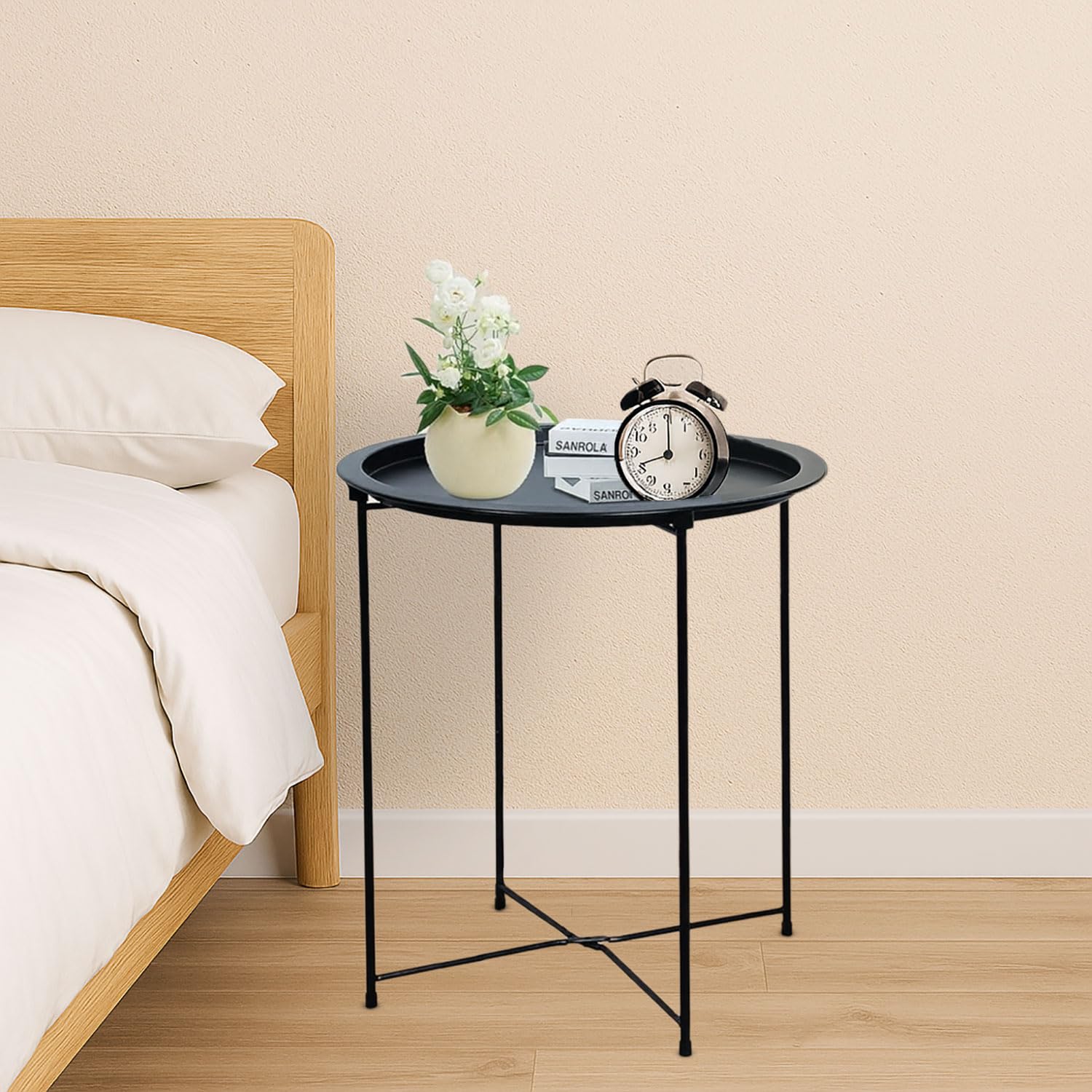Round Metal Side Table for Living Room & Bedroom – Modern Bedside Table, Coffee Table, Corner Table with Sturdy Iron Frame, Black (47x47x50 cm)