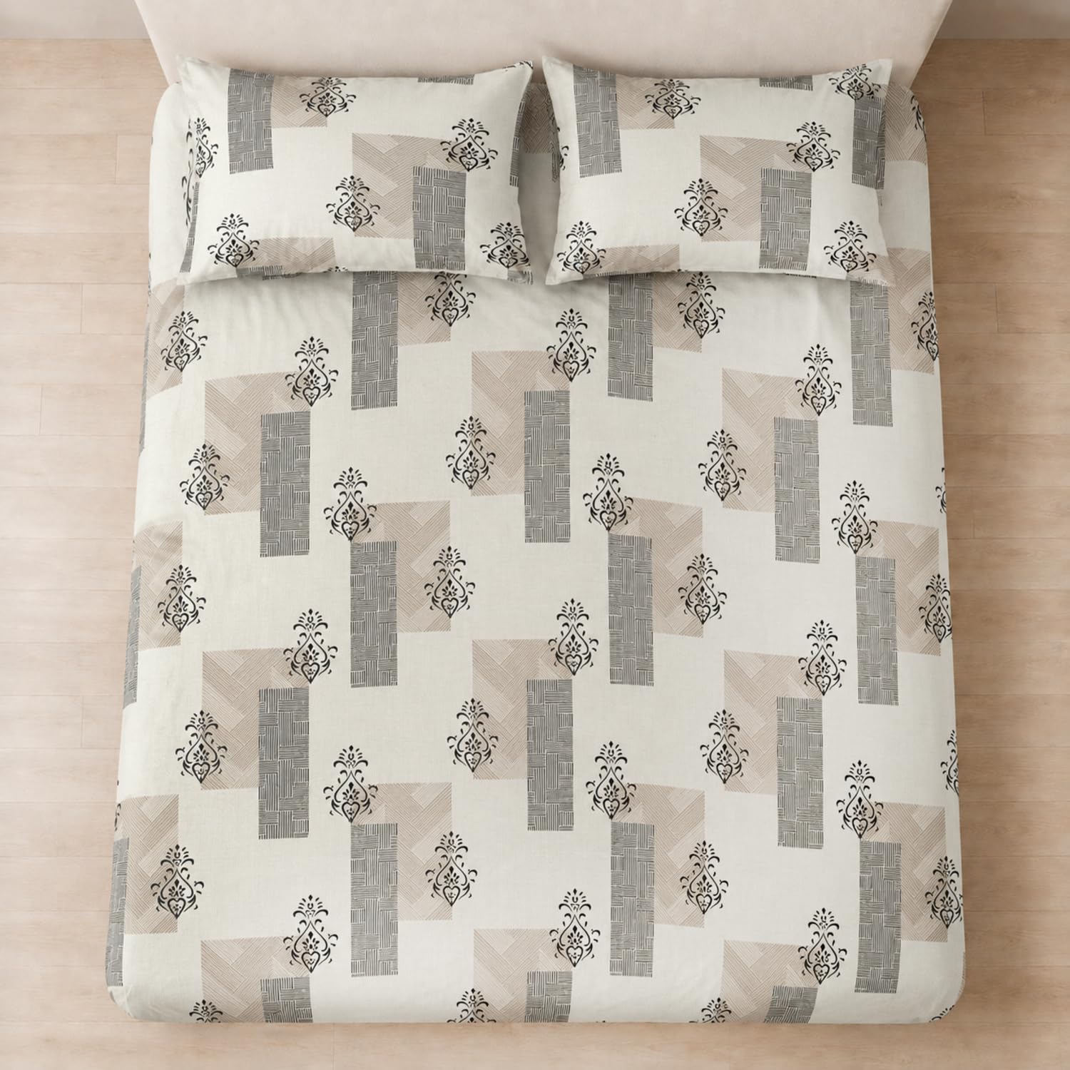 Double Bedsheet with 2 Pillow Covers King Size 220 TC 100% Cotton Feel  ( Beige 90x100 inch )
