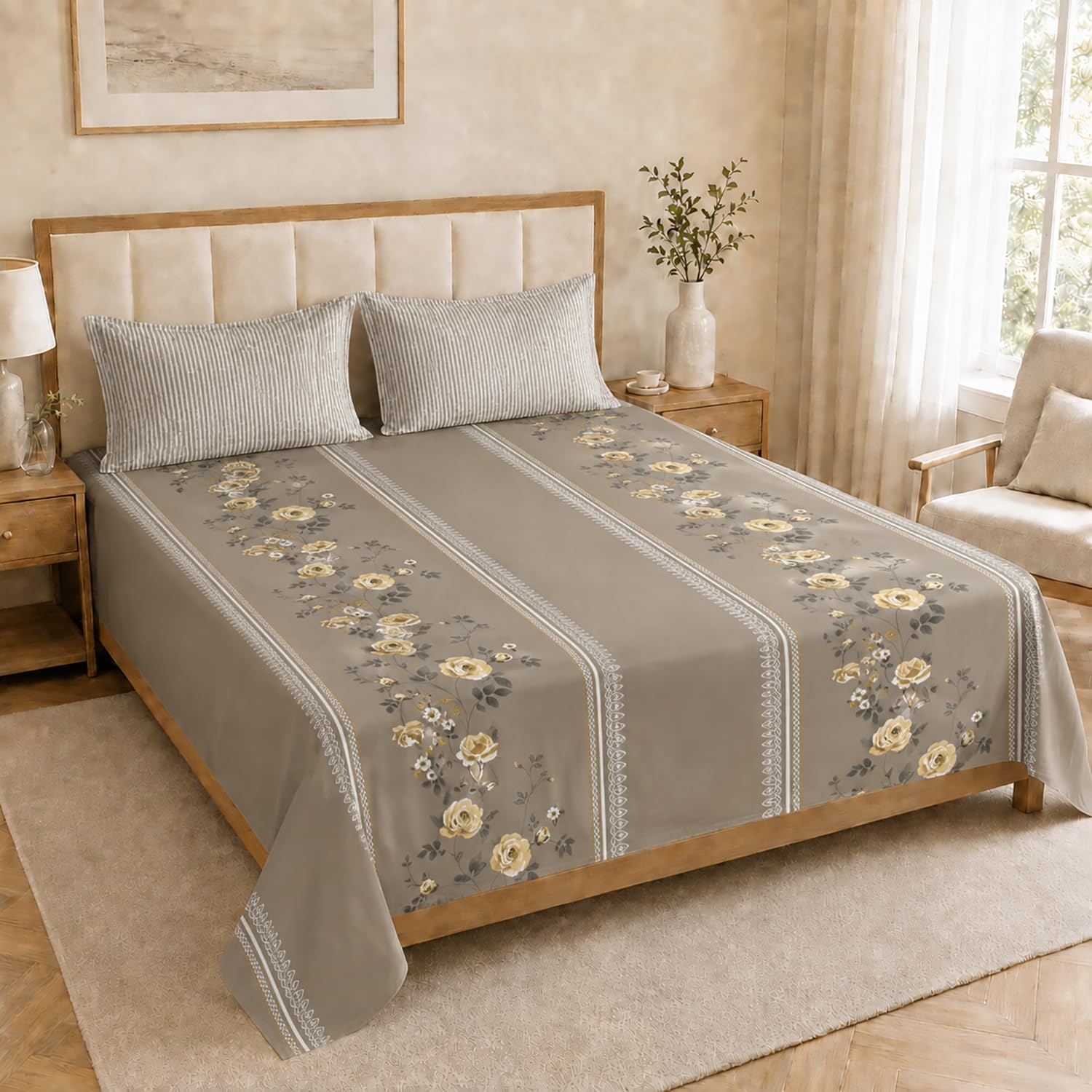 Double Bedsheet with 2 Pillow Covers Premium 240 TC 100% Cotton Feel King Size ( Taupe 108x108 inch )