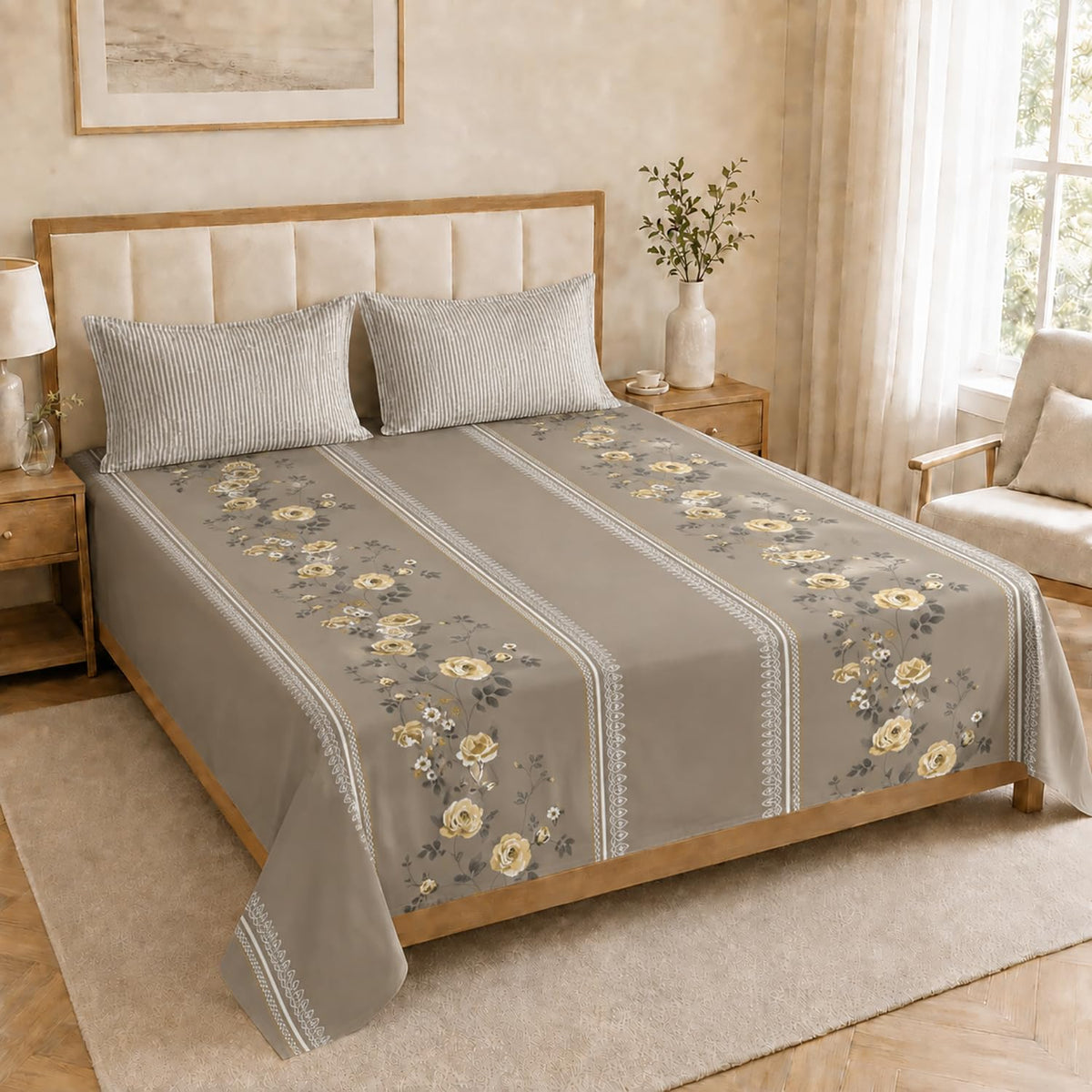 Double Bedsheet with 2 Pillow Covers Premium 240 TC 100% Cotton Feel King Size ( Taupe 108x108 inch )