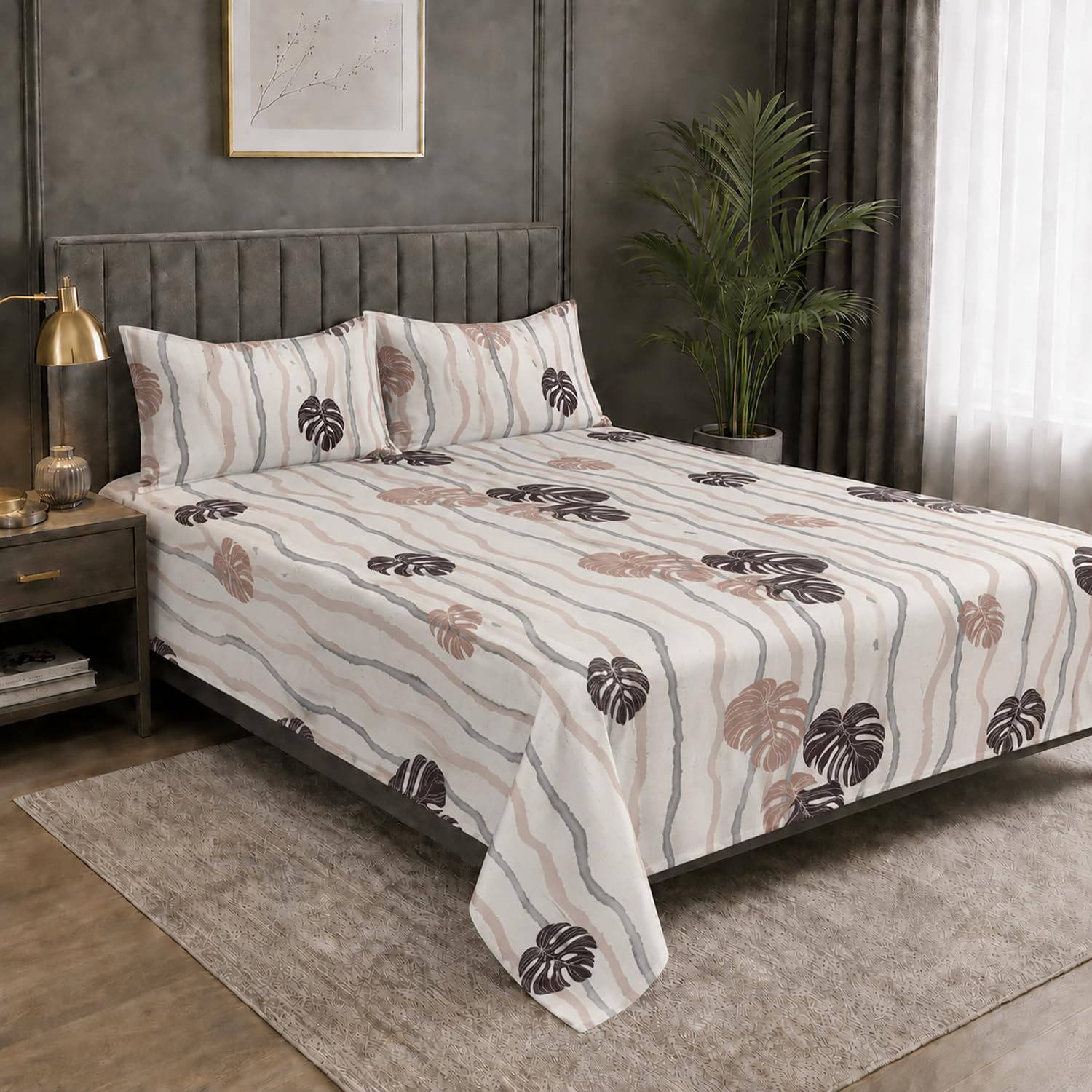 King Size Double Bedsheet with 2 Pillow Covers Premium Tropical Leaf Printed 108x108 inch