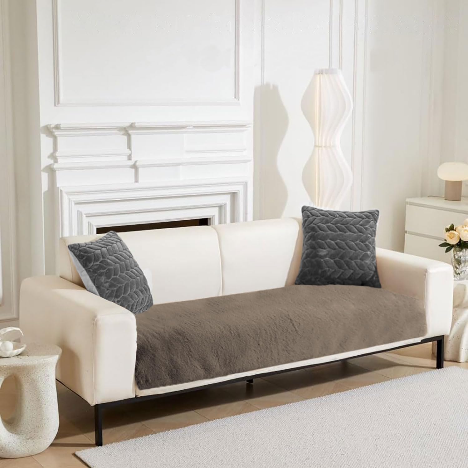 Rabbit Fur Sofa Cover 3 Seater and 2 Seater Universal 5 Seater (Taupe, 68x183-61x66 cm)