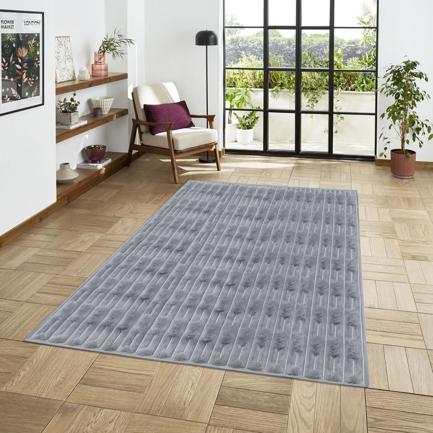 Rabbit Tail Fur Carpet (4x6 Feet, Silver)