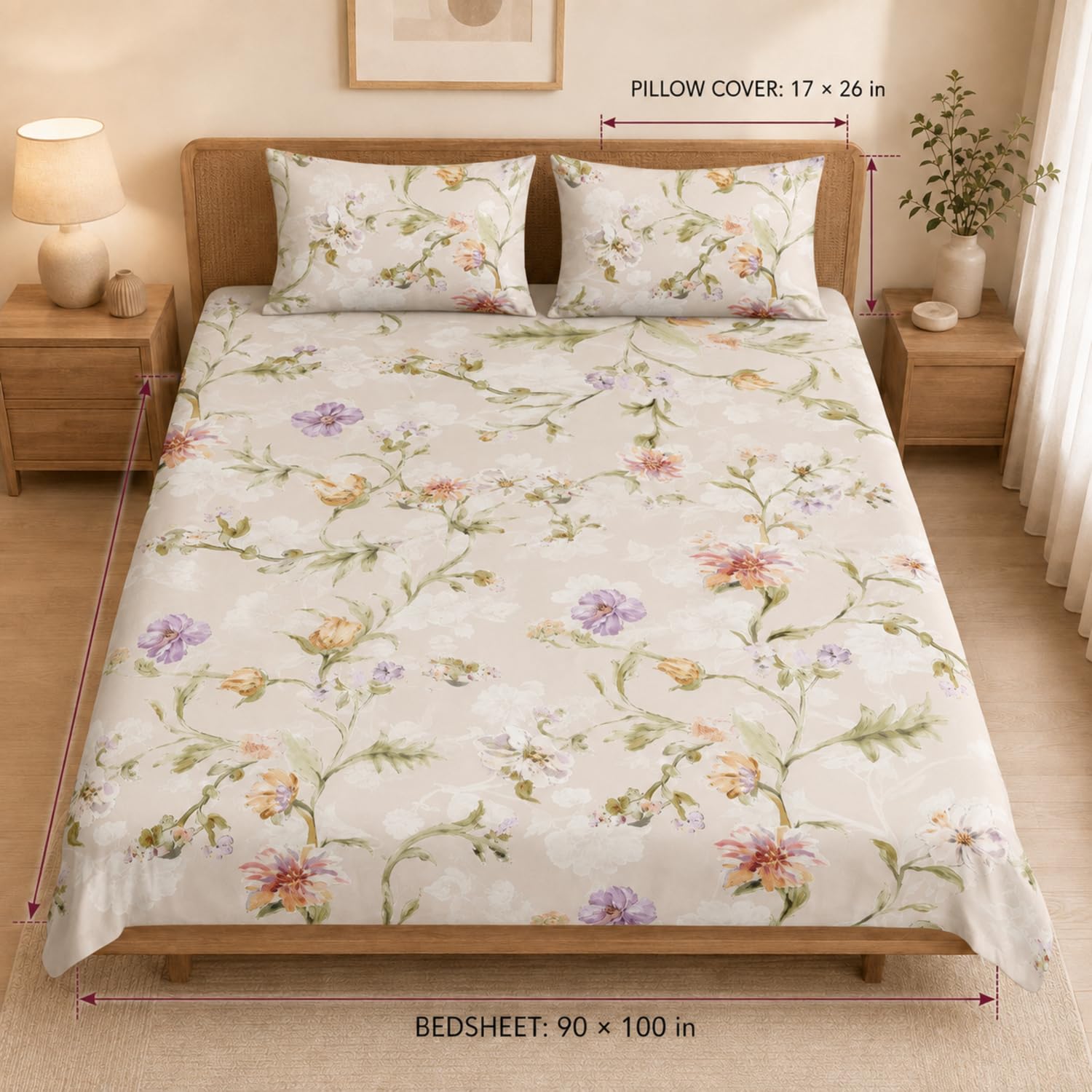 Double Bedsheet with 2 Pillow Covers 220 TC 100% Cotton Feel ( King Size Ivory 90x100inch )