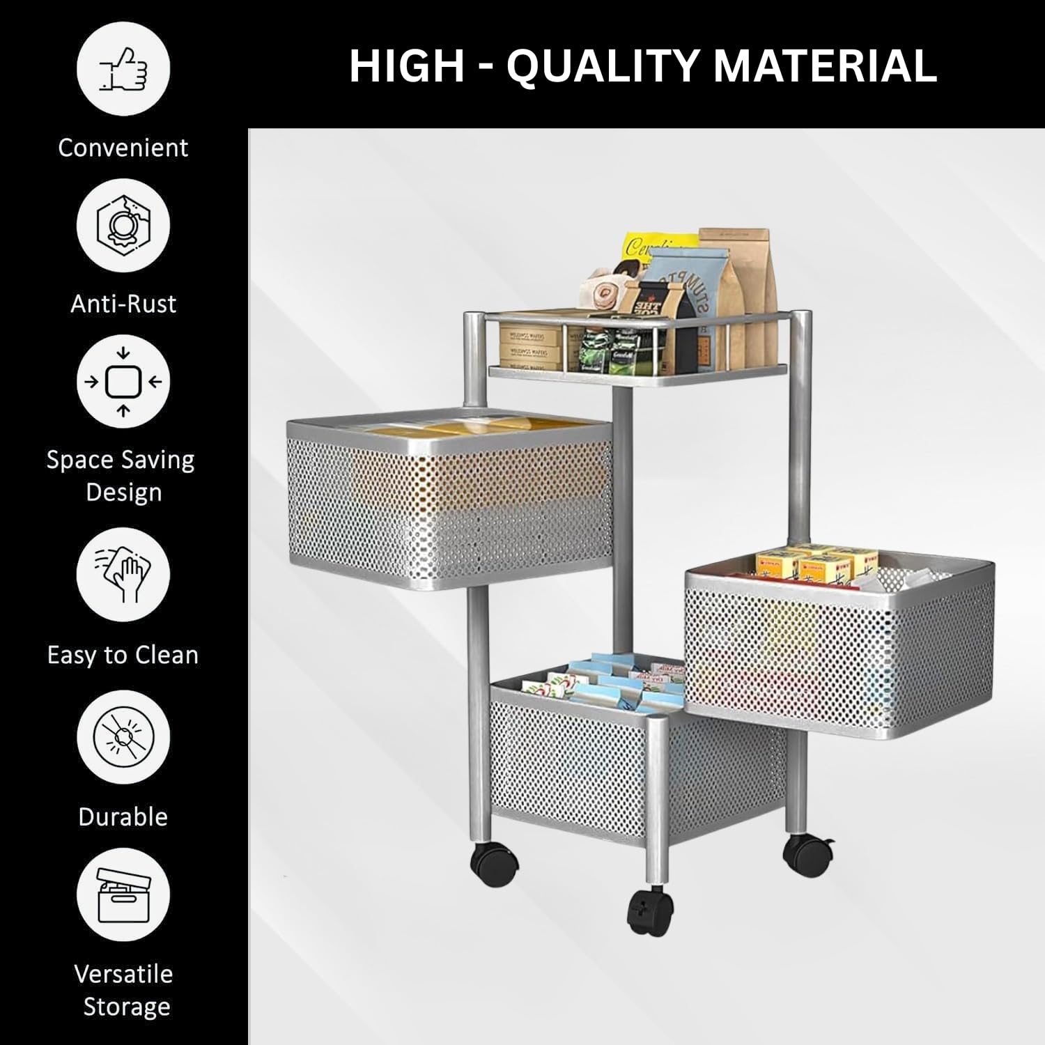 3-Tier Revolving Kitchen Trolley with Wheels (Silver 29x29x65)