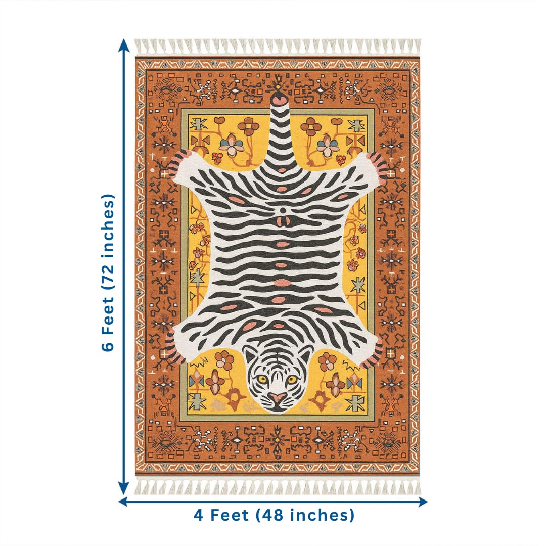 Polyester White Tiger Design Carpets with Tassel Latex Backing (4x6 ft, Multi)