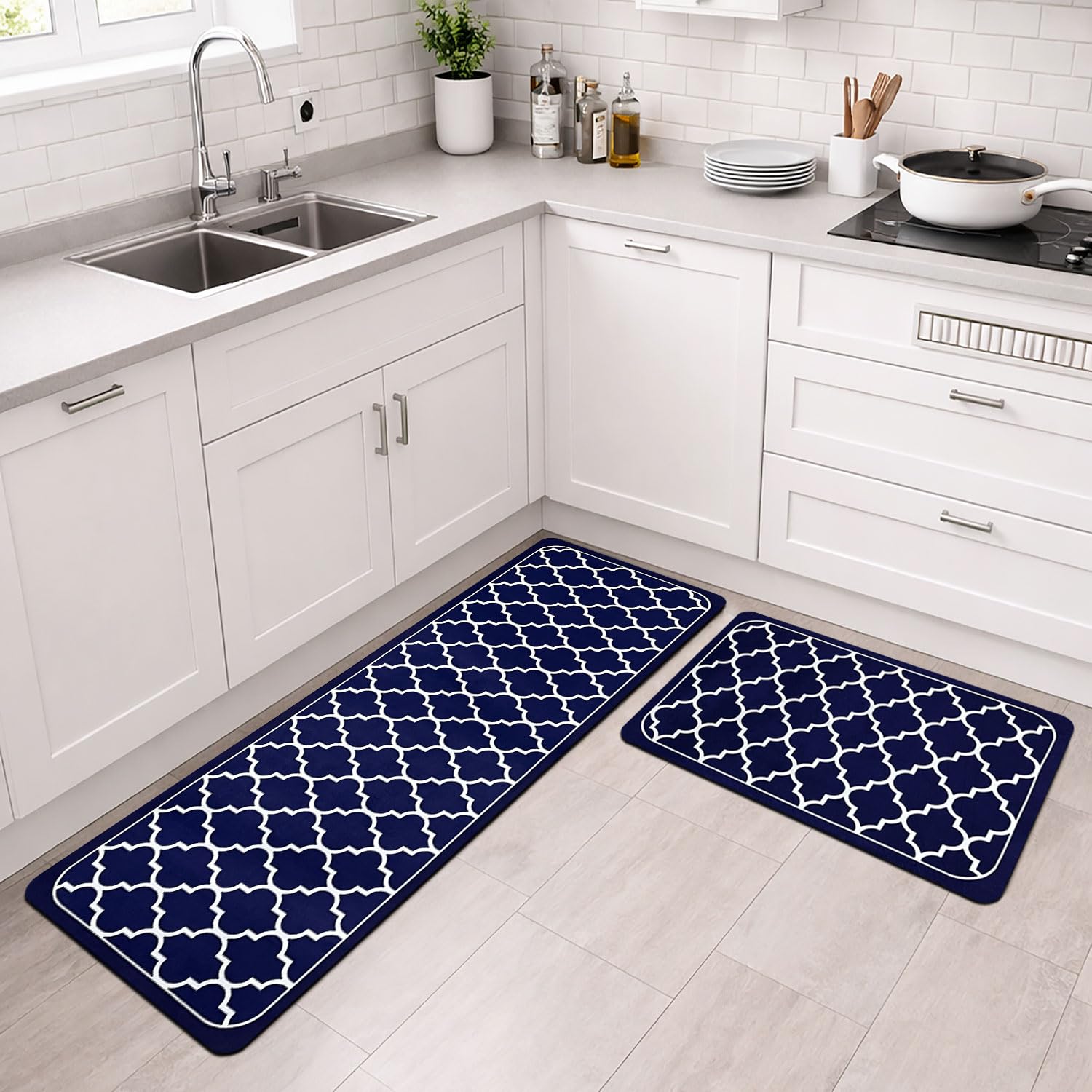 Luxe Home Kitchen Mat Combo Quatrefoil Design Standing Desk Floor Mat Non Slip Kitchen Rugs, Comfort Runner Floor for Home Office, Sink & Laundry - Blue (116x36 & 58x36 cm PC-2)