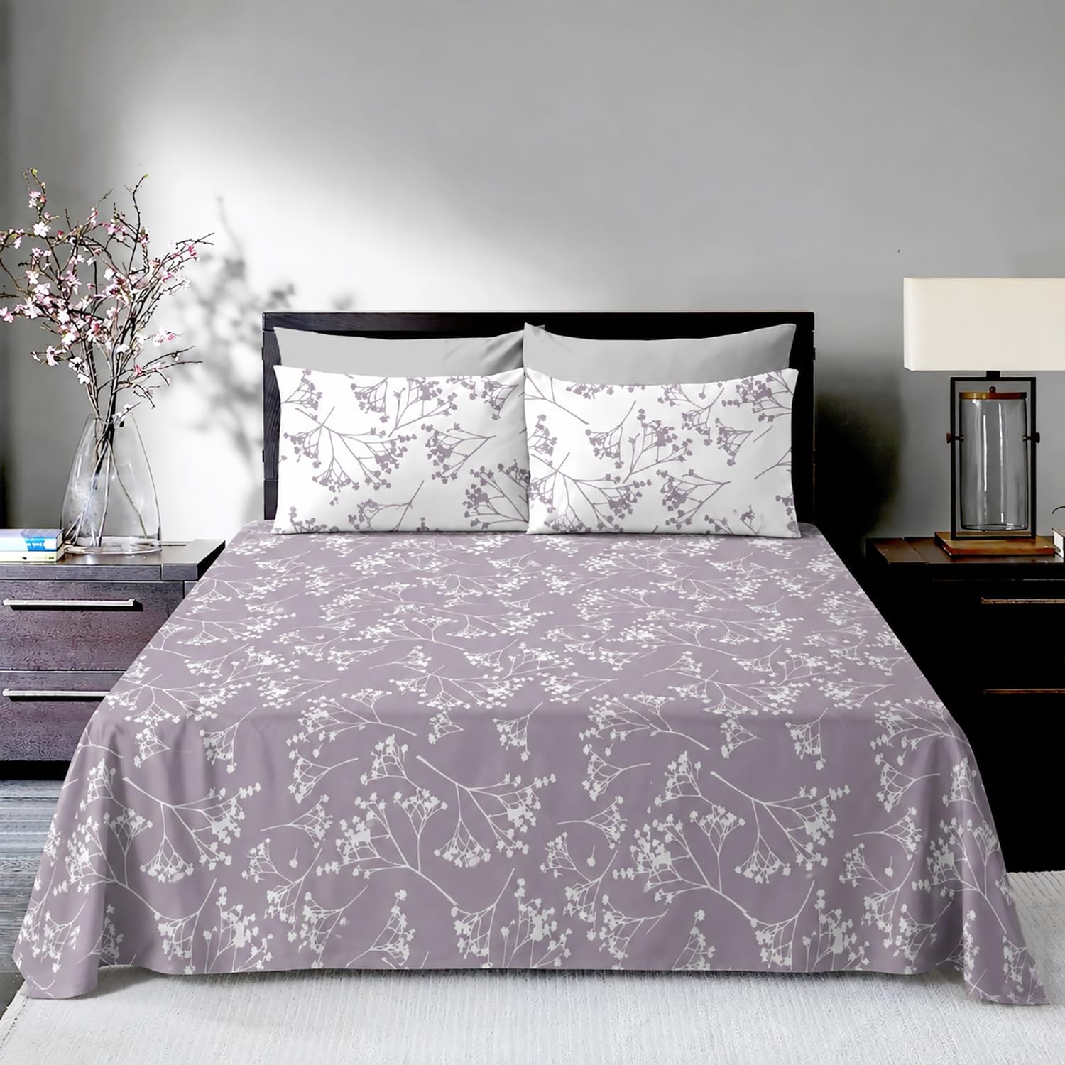Double Bedsheet with 2 Pillow Covers Premium 240 TC 100% Cotton Feel ( King Size Lavender 108x108inch )