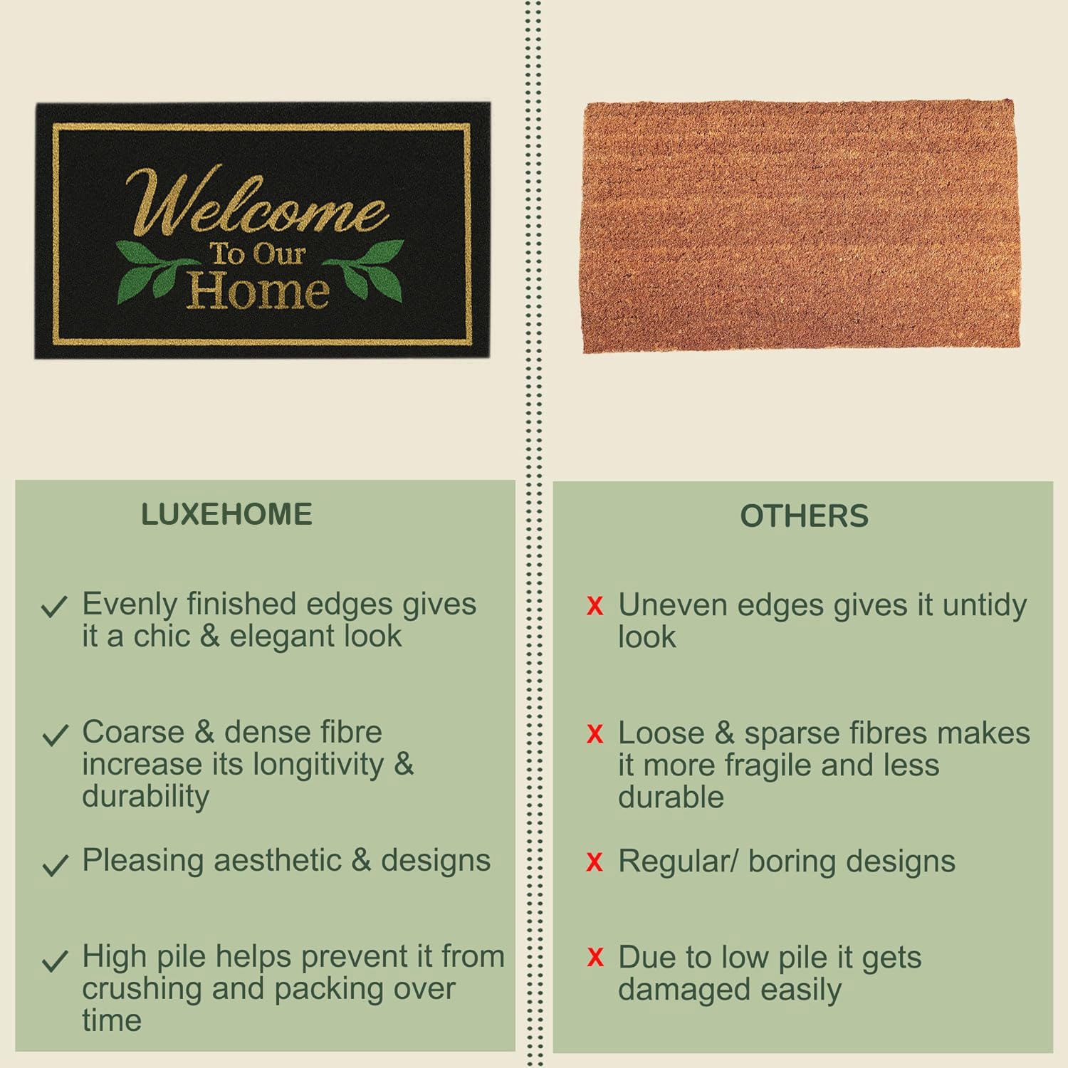 LUXE HOME INTERNATIONAL 100% Natural Coir Doormat for Home Entrance – Anti Skid with Rubber Backing Durable & Eco-Friendly Door Mat Coir Mat Indoor & Outdoor with Welcome to Our Home Print (71x45 cm)