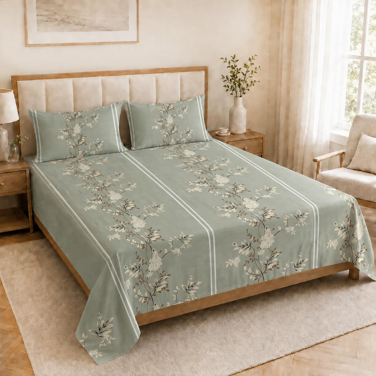 Double Bedsheet with 2 Pillow Covers Premium 240 TC 100% Cotton Feel ( King Size Green 108x108 inch )