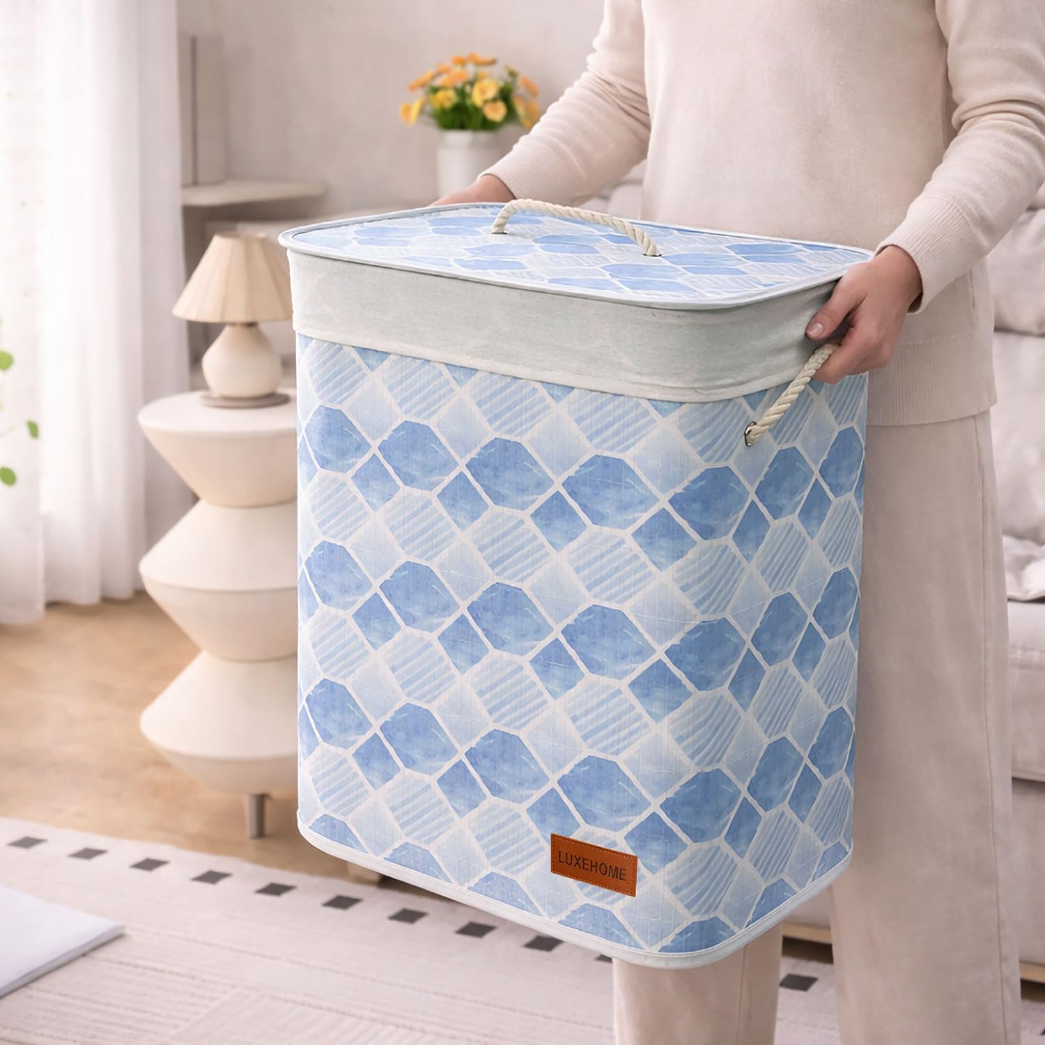 Rectangle Bamboo Laundry Basket for Clothes (Blue, 40x30x50 cm)