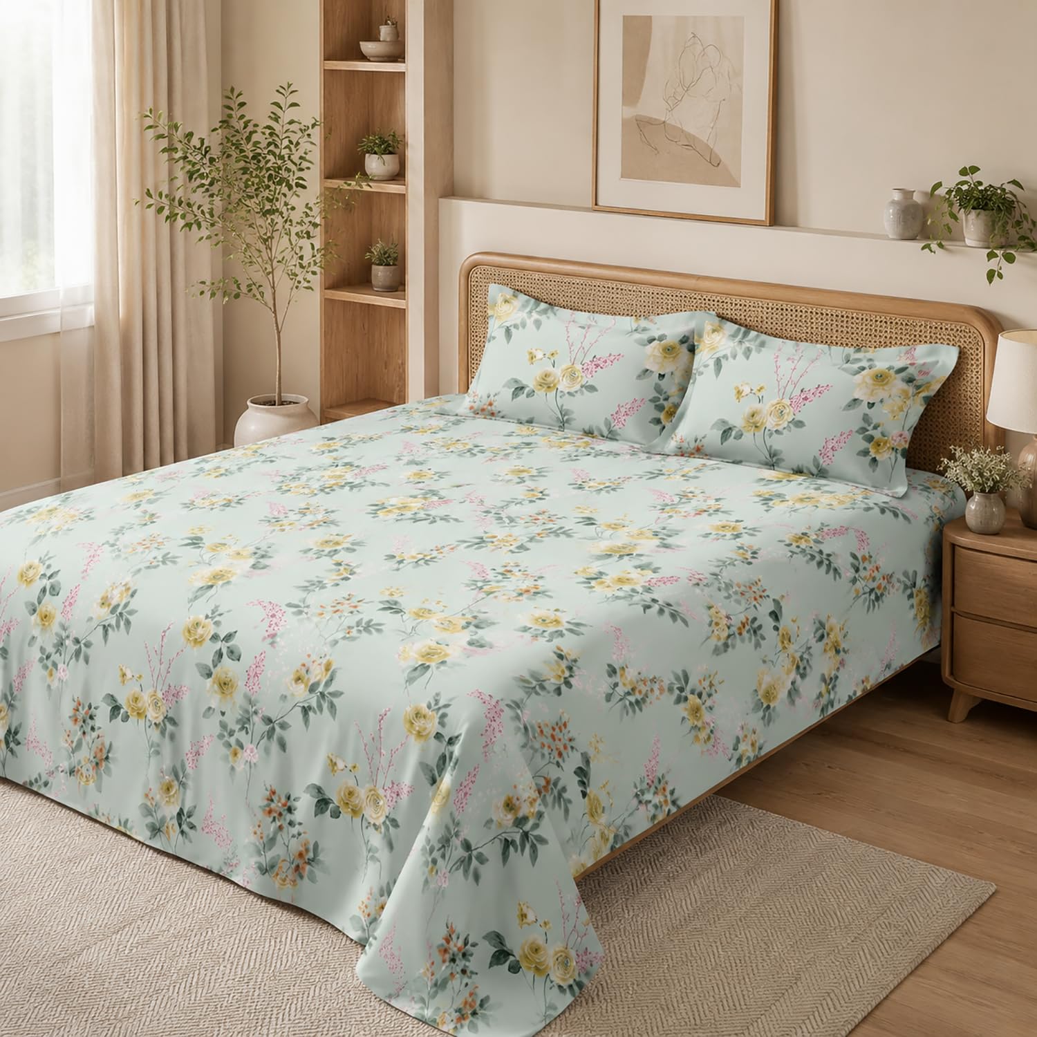 Double Bedsheet with 2 Pillow Covers 220 TC 100% Cotton Feel ( Green , 90 x 100 inch )
