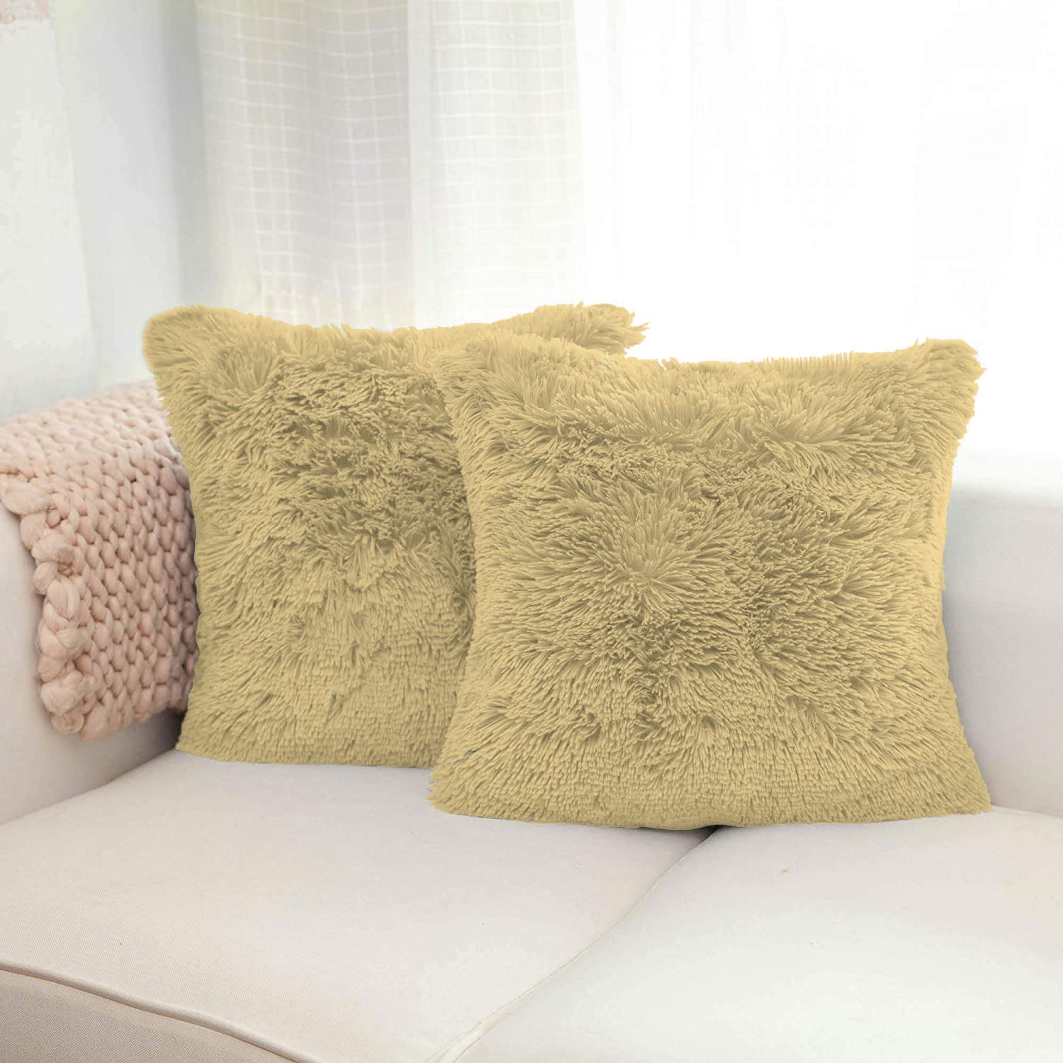 Shaggy Throw Pillow Covers Pack of 2 (16x16 Inches, Gold)