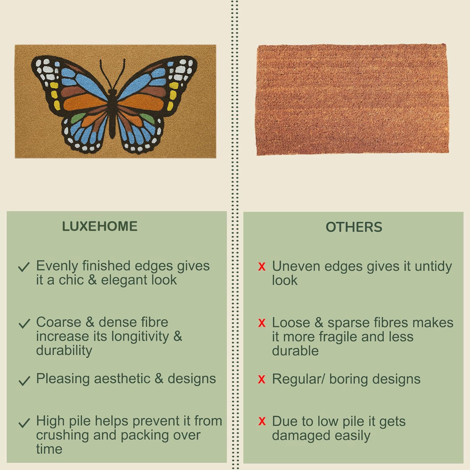 Coir Doormat for Home Entrance (Butterfly Print Design ,71x45 cm)