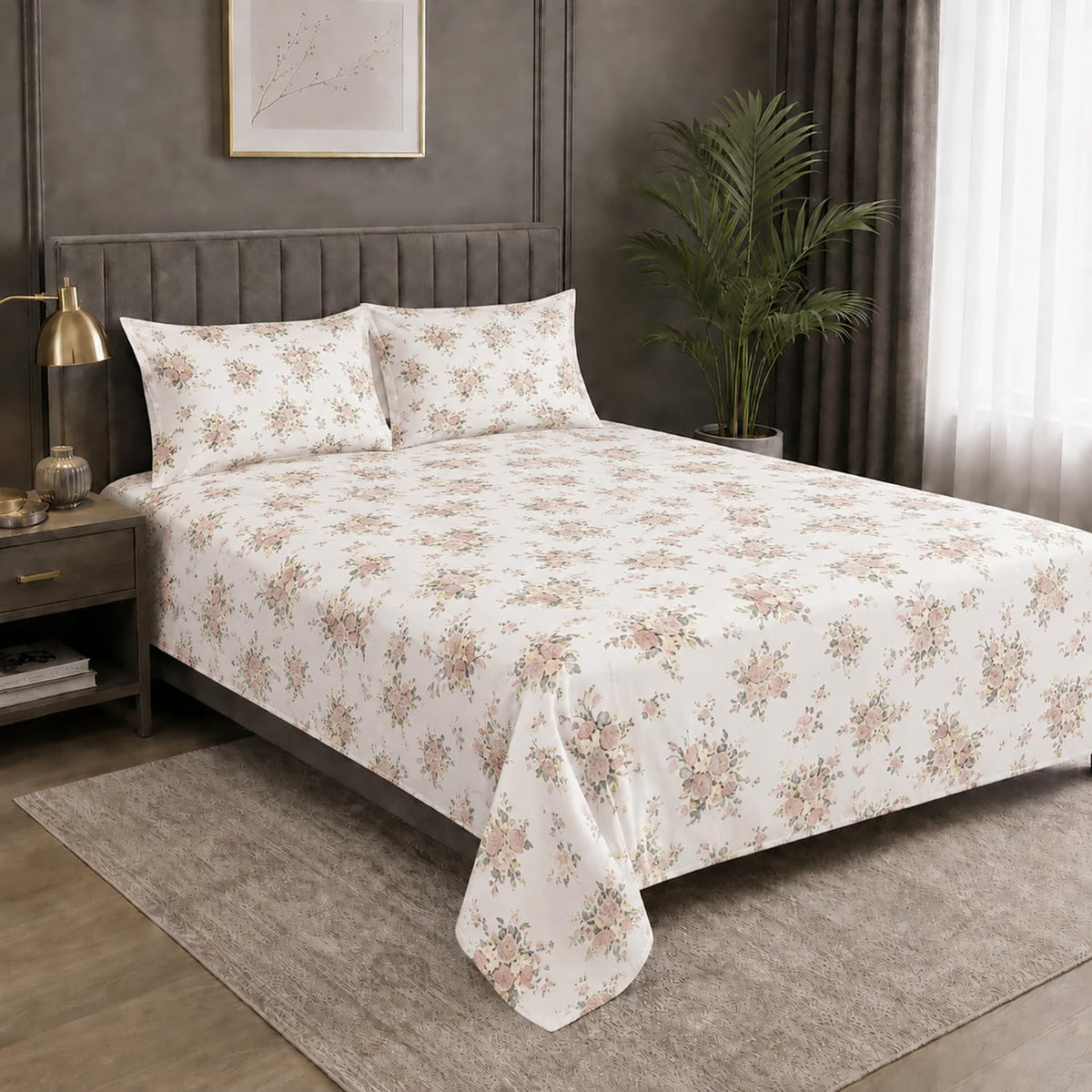 King Size Double Bedsheet with 2 Pillow Covers Premium Vintage Rose Posy Printed 90x100 inch
