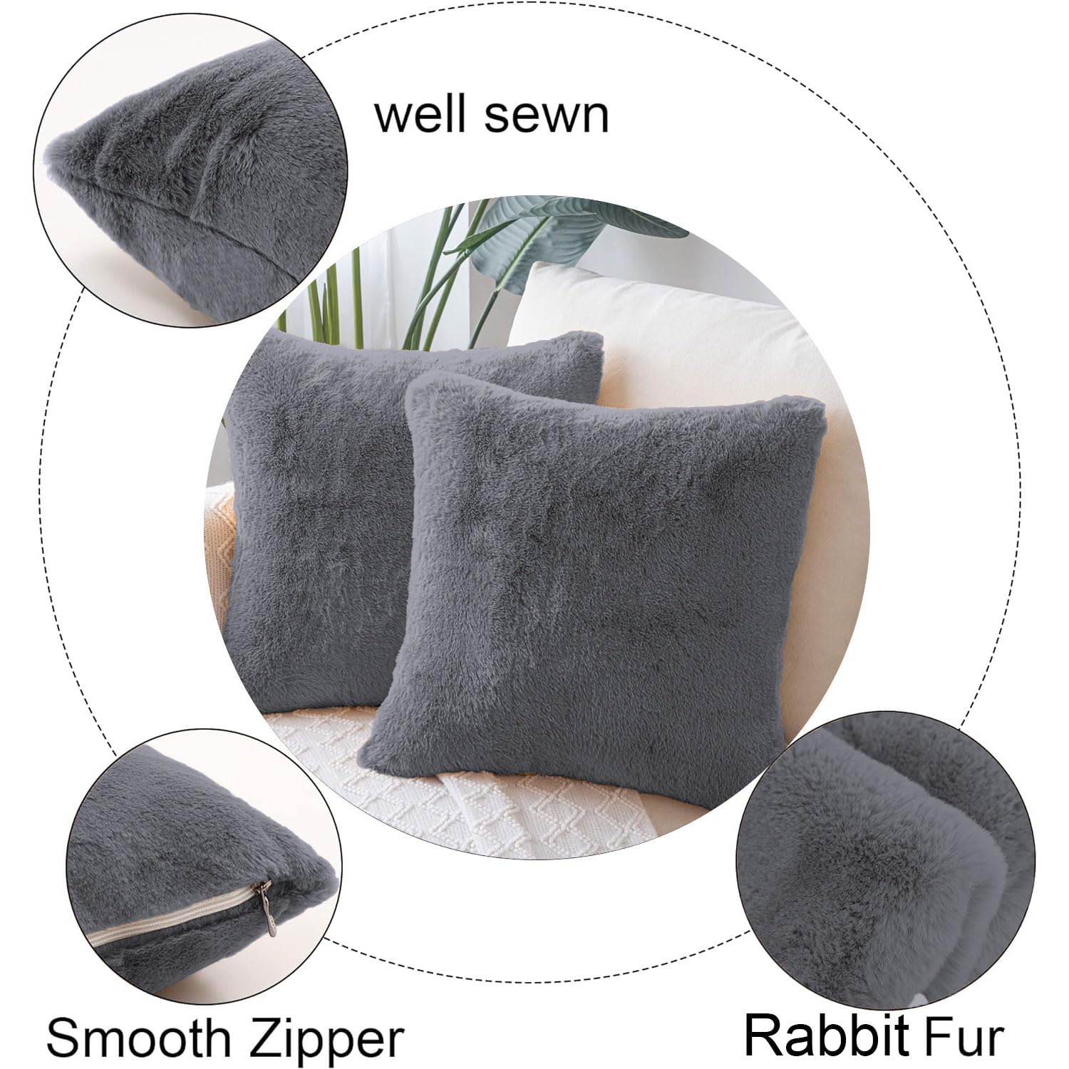 Cushion Cover Duble Side Rabbit Fur Set of 2(16 x 16 inch ,Grey)