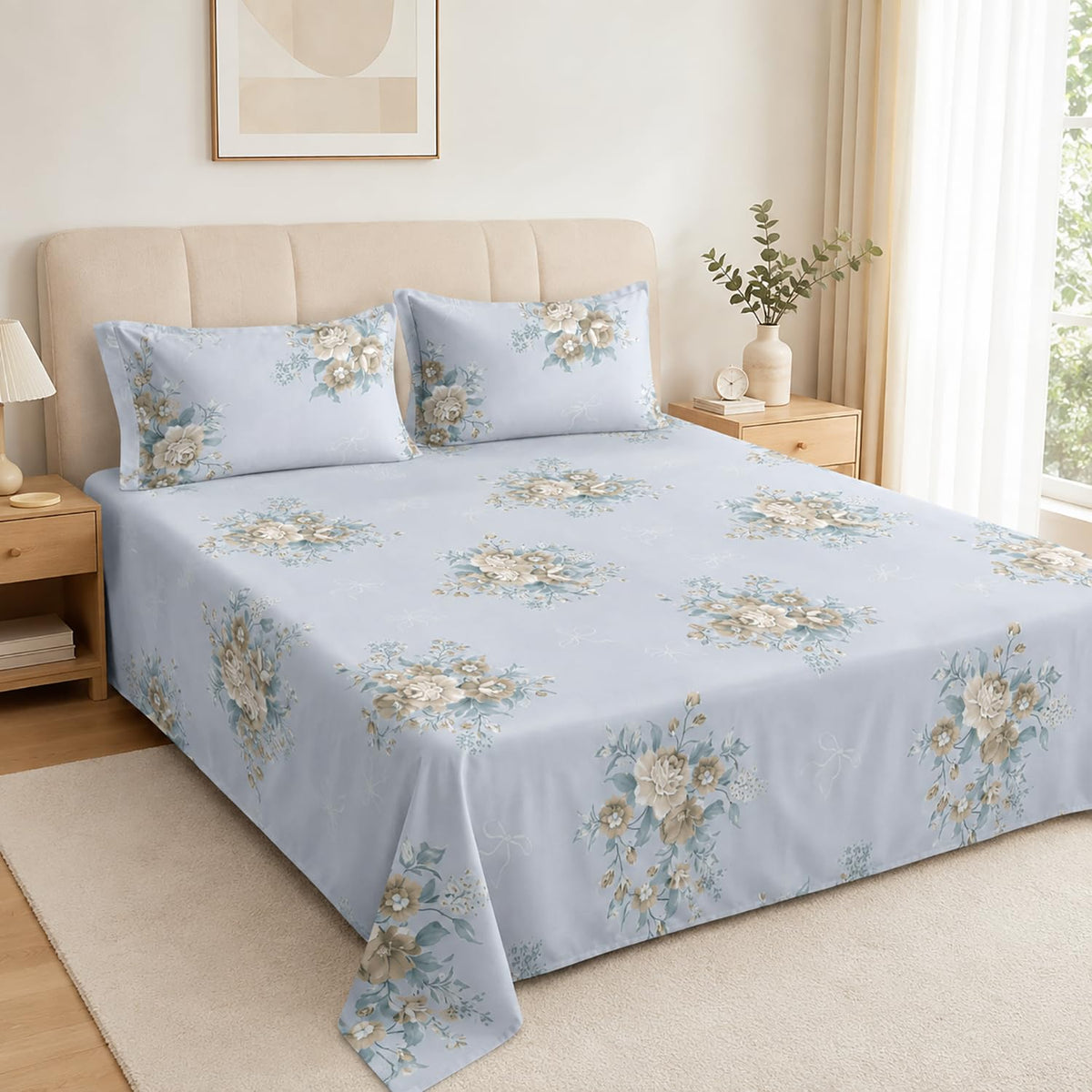 Double Bedsheet with 2 Pillow Covers 220 TC 100% Cotton Feel ( Blue , 90x100inch )