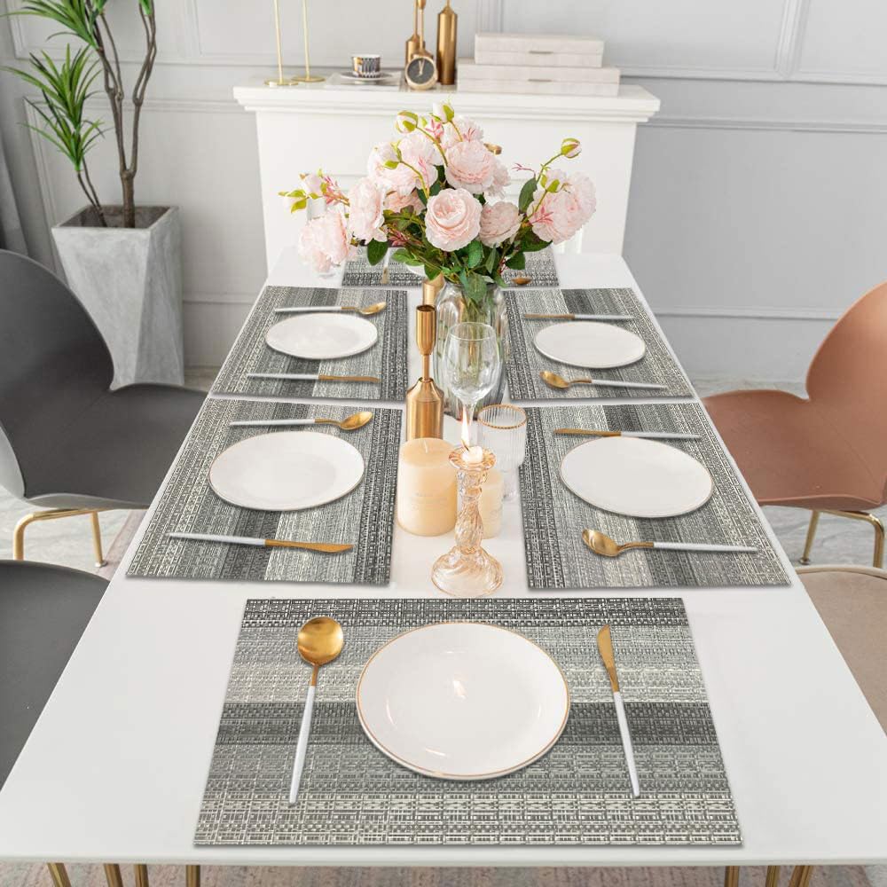 Luxe Home International PVC Vinyl Stripe Design Placemat ST000149 – Heat Resistant, Wipe Clean, Anti-Skid Table Mats for Dining Table, Kitchen & Home Decor (30x45 CM Silver Set of 6)