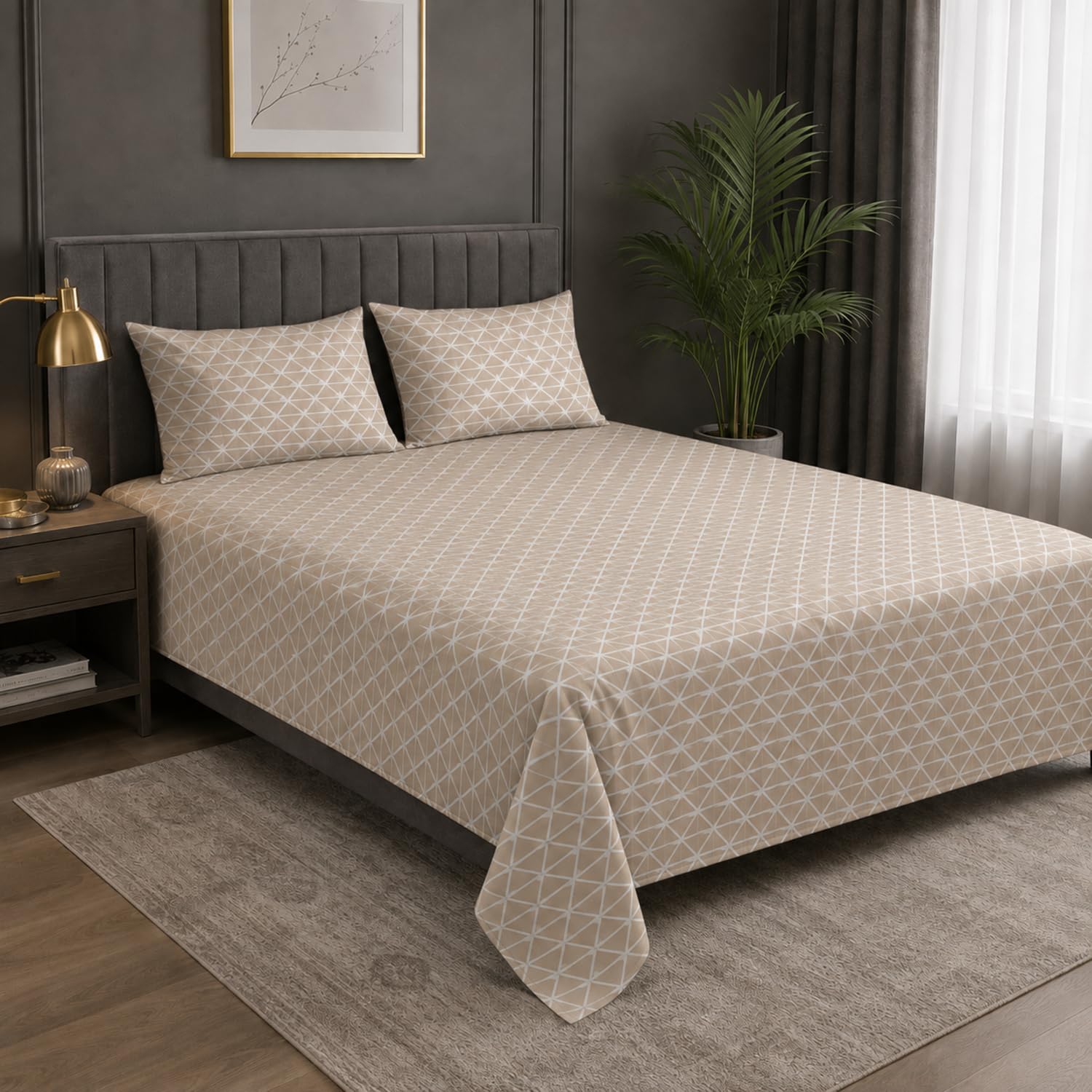 Double Bedsheet with 2 Pillow Covers 220 TC 100% Cotton Feel King Size ( Beige 90x100 inch )