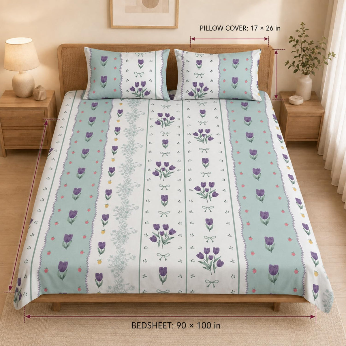 Double Bedsheet with 2 Pillow Covers 220 TC 100% Cotton Feel ( King Size Purple&Green 90x100inch )