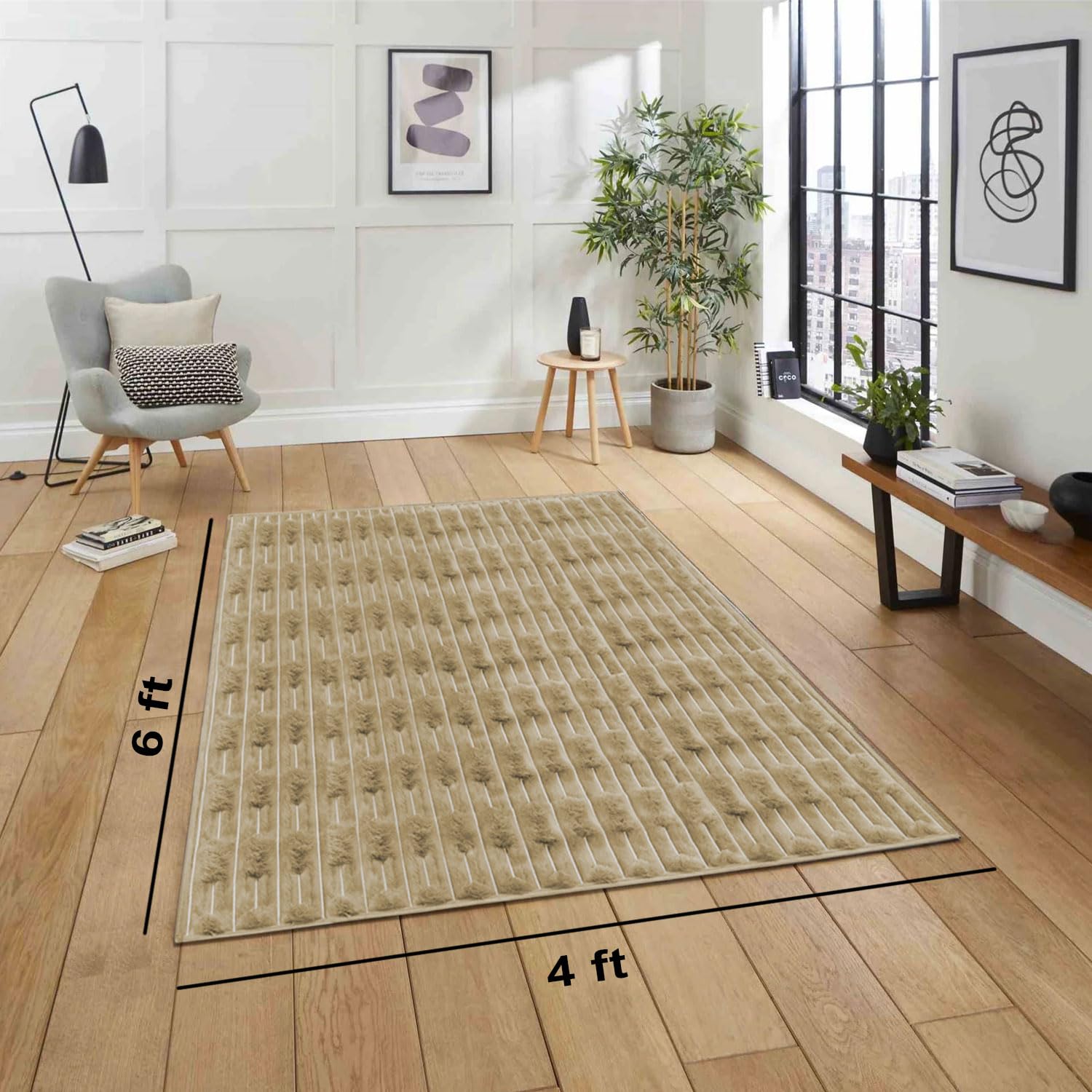 Rabbit Tail Fur Carpet (4x6 Feet, Beige)