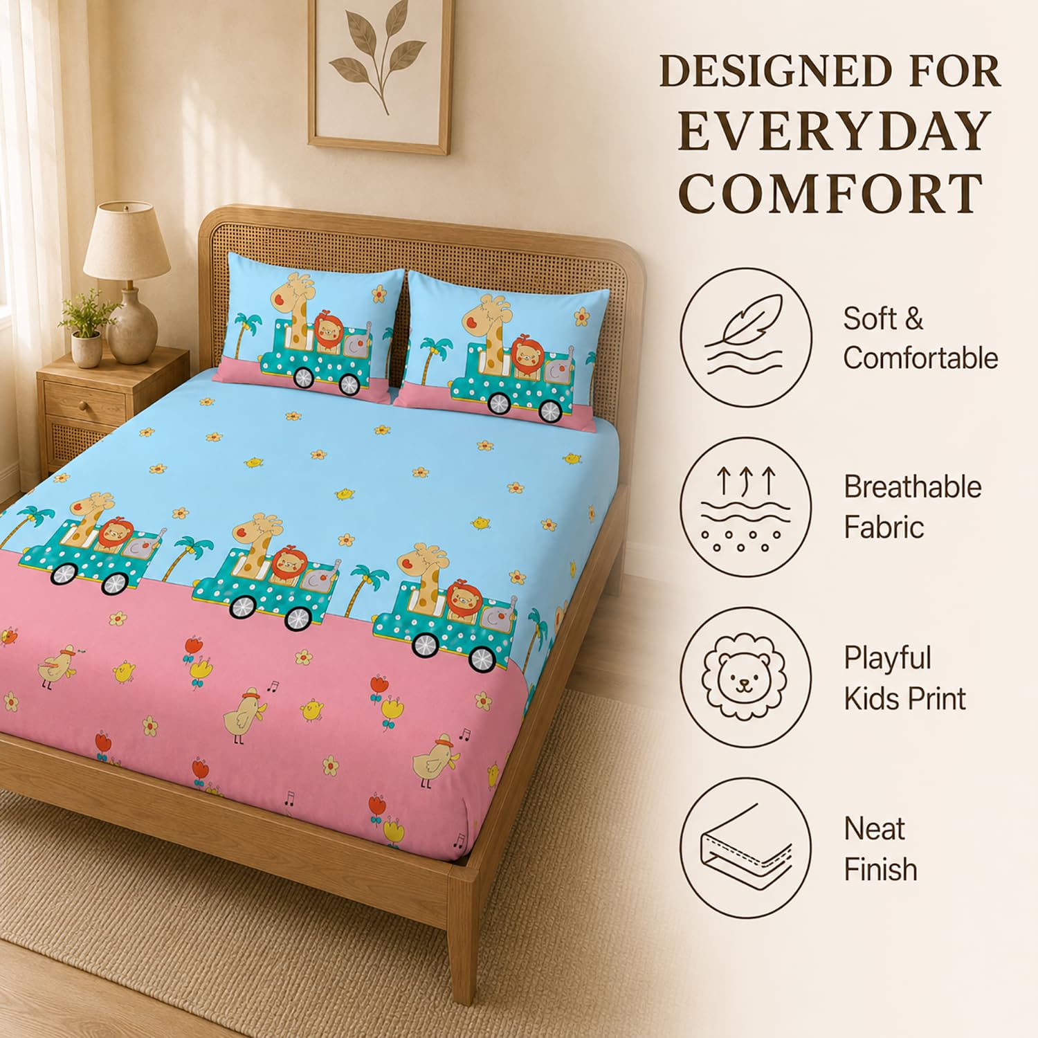 Double Bedsheet With 2 Pillow Covers Triangles Pattern 200 TC 100% Cotton Feel ( Queen Size 90x90 Inch Grey Set Of 3 )