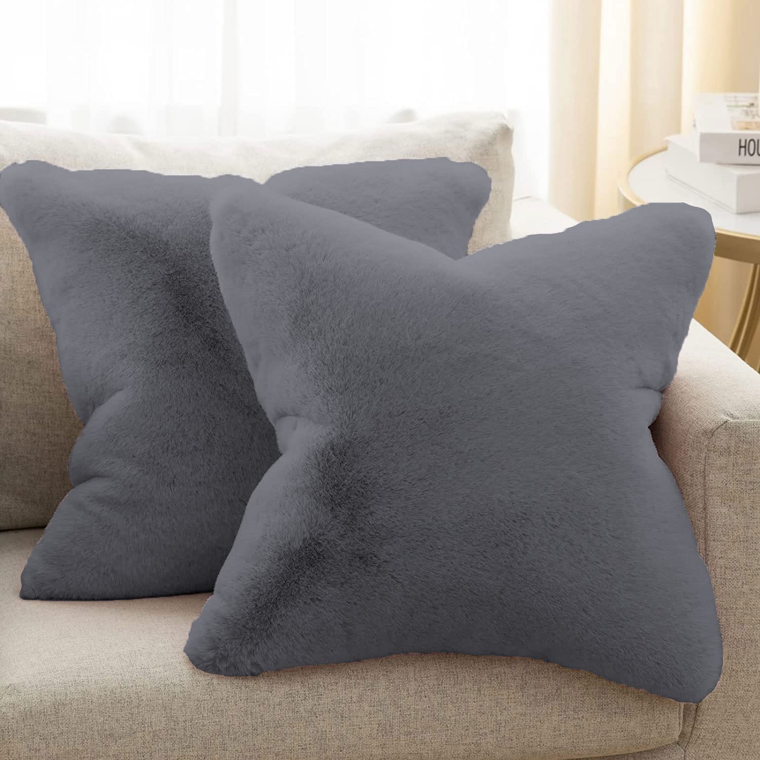 Cushion Cover One Side Rabbit Fur Pack of 2 (16 x 16 inch,Grey)