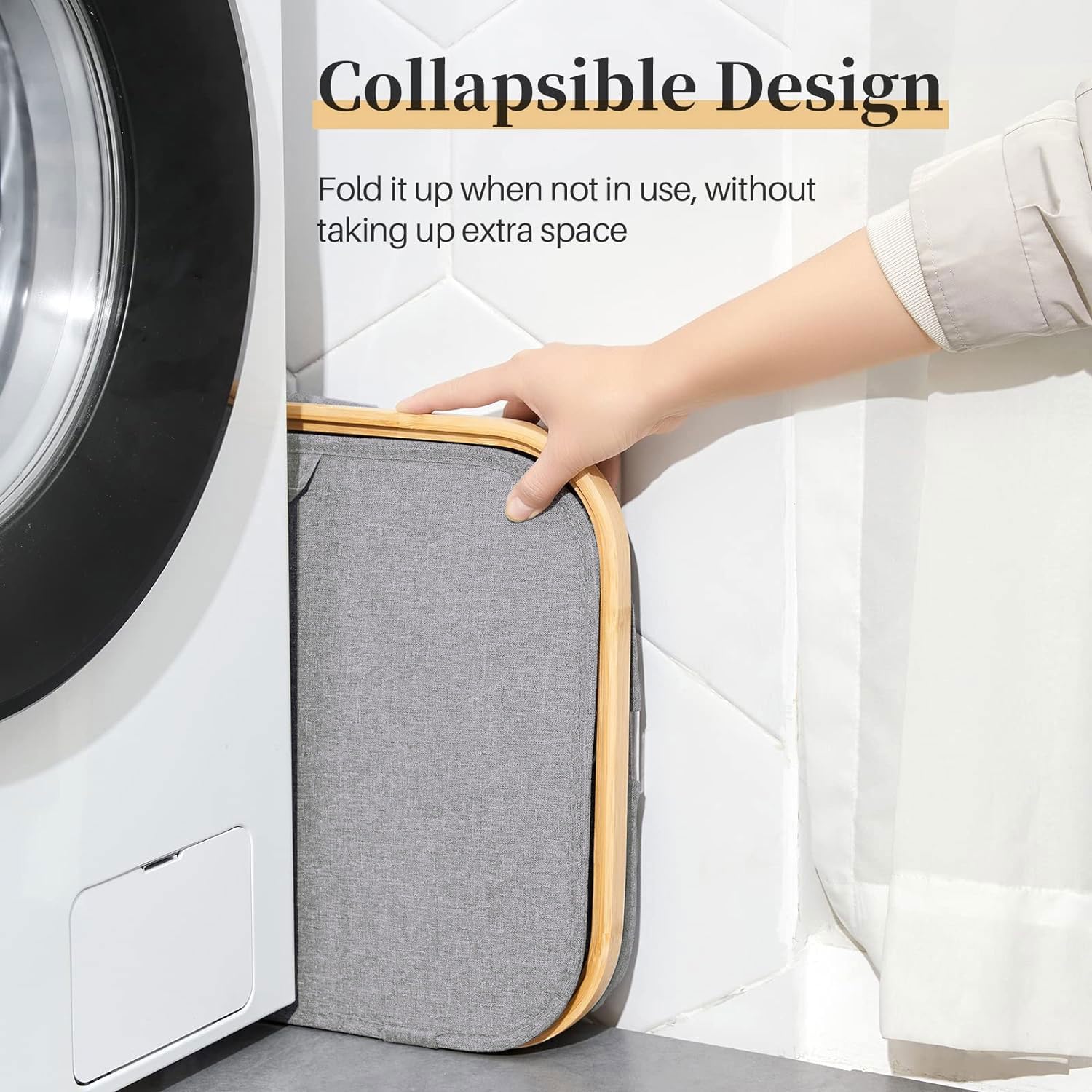 Tall Laundry Hamper with Bamboo Frame  (40L x 30W x 60H cm ,Grey)