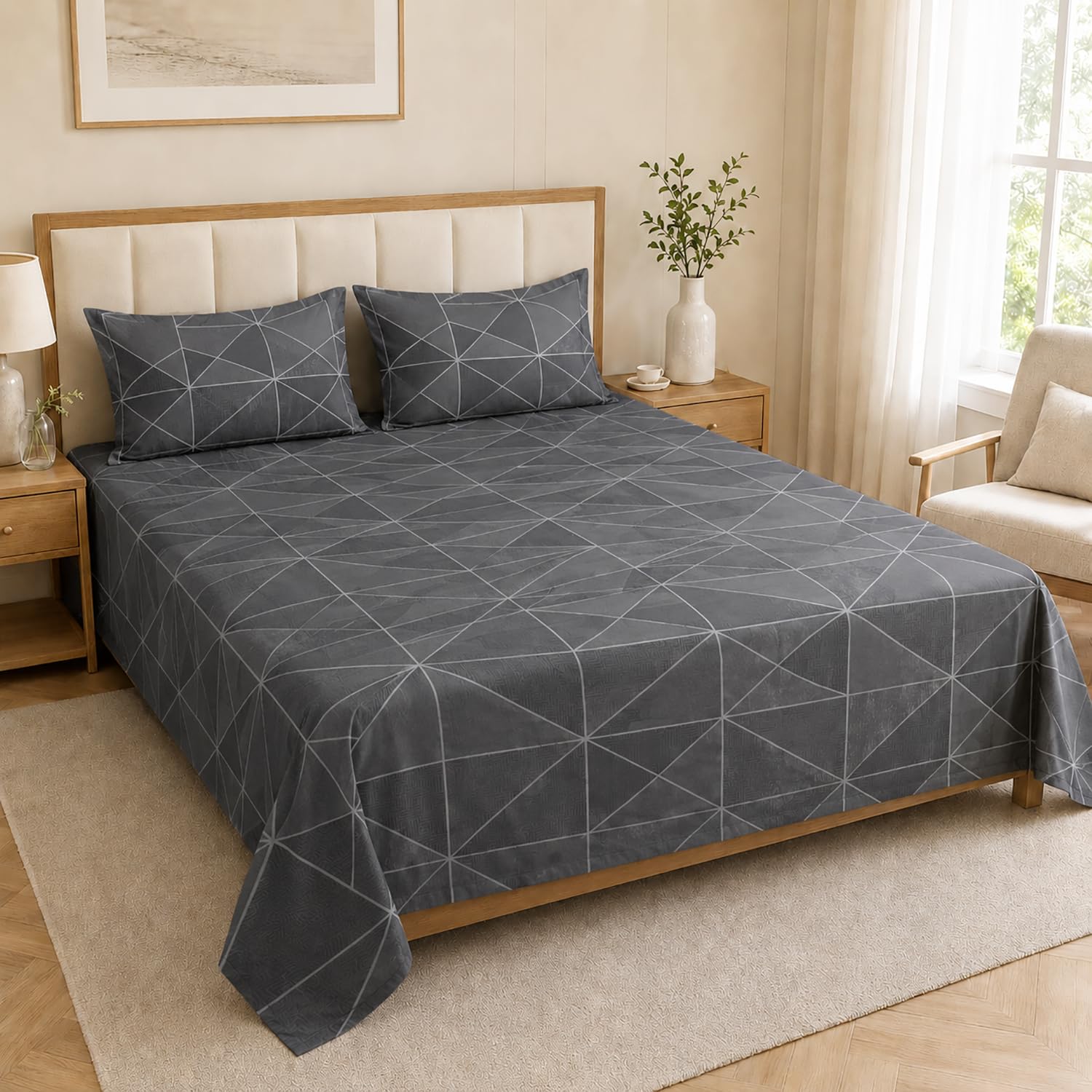 King Size Double Bedsheet with 2 Pillow Covers Premium 240 Linear Geometric Printed 108x108 inch