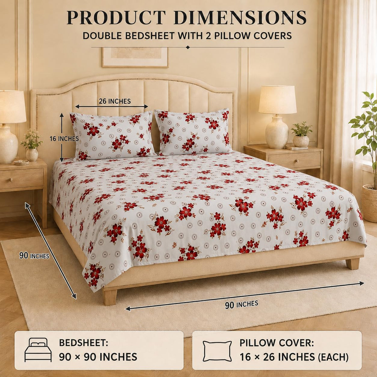 Double Bedsheet With 2 Pillow Covers Circle Pattern 200 TC 100% Cotton Feel ( Queen Size 90x90 Inch Yellow Set Of 3 )