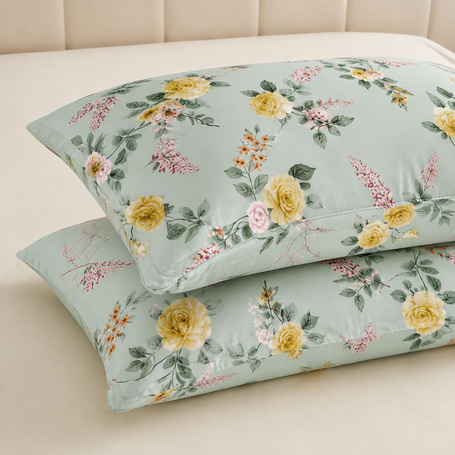 Double Bedsheet with 2 Pillow Covers 220 TC 100% Cotton Feel ( Green , 90 x 100 inch )