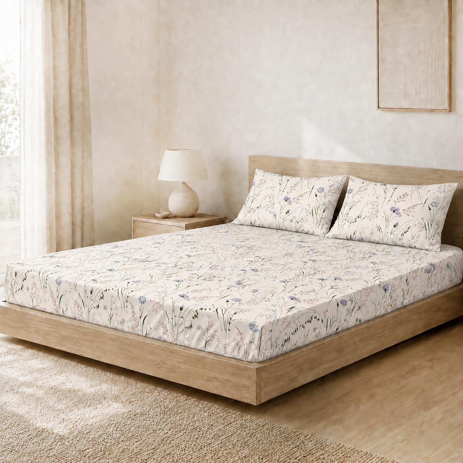 King Size Double Bedsheet with 2 Pillow Covers Premium Wildflower Printed 108x108 inch