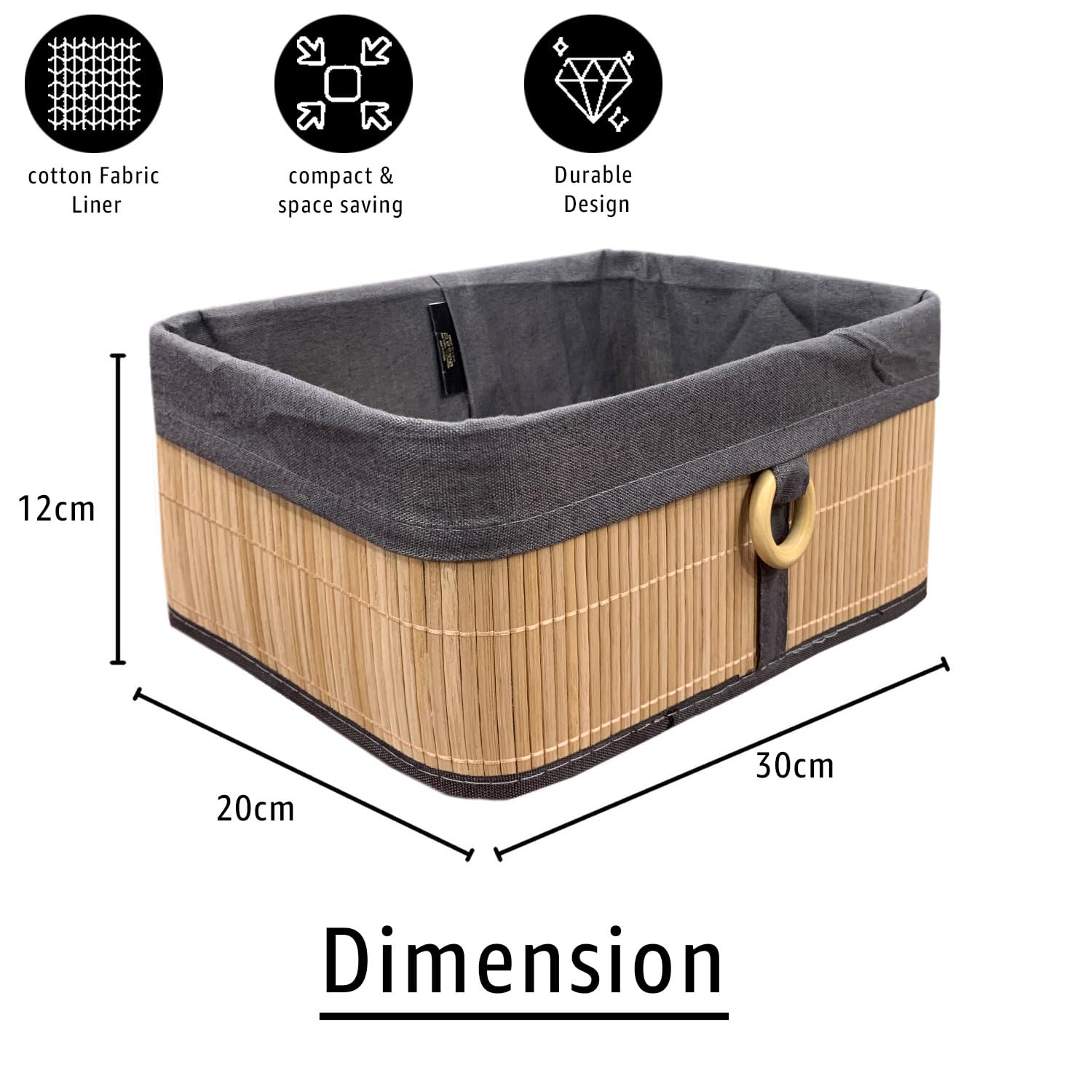 Storage Basket Stripe Bamboo Box Eco-Friendly Pack of 2(Beige, 30x20x12 cm)