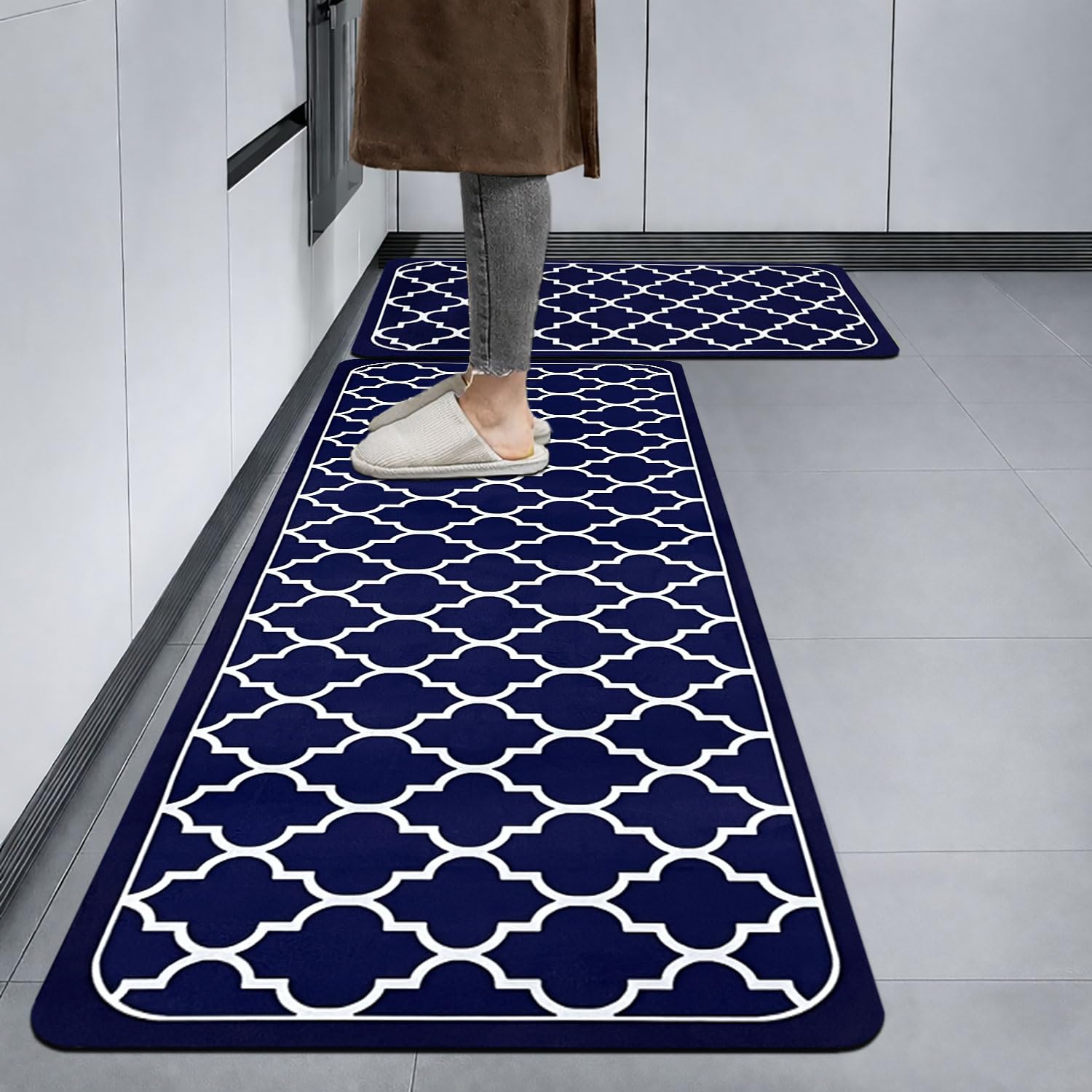 Kitchen Mat Combo Quatrefoil Design (116x36 & 58x36 cm Blue)