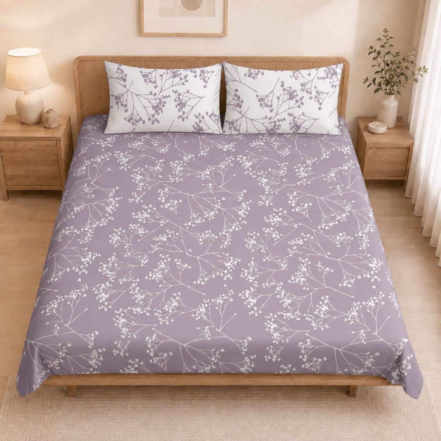 Double Bedsheet with 2 Pillow Covers Premium 240 TC 100% Cotton Feel ( King Size Lavender 108x108inch )