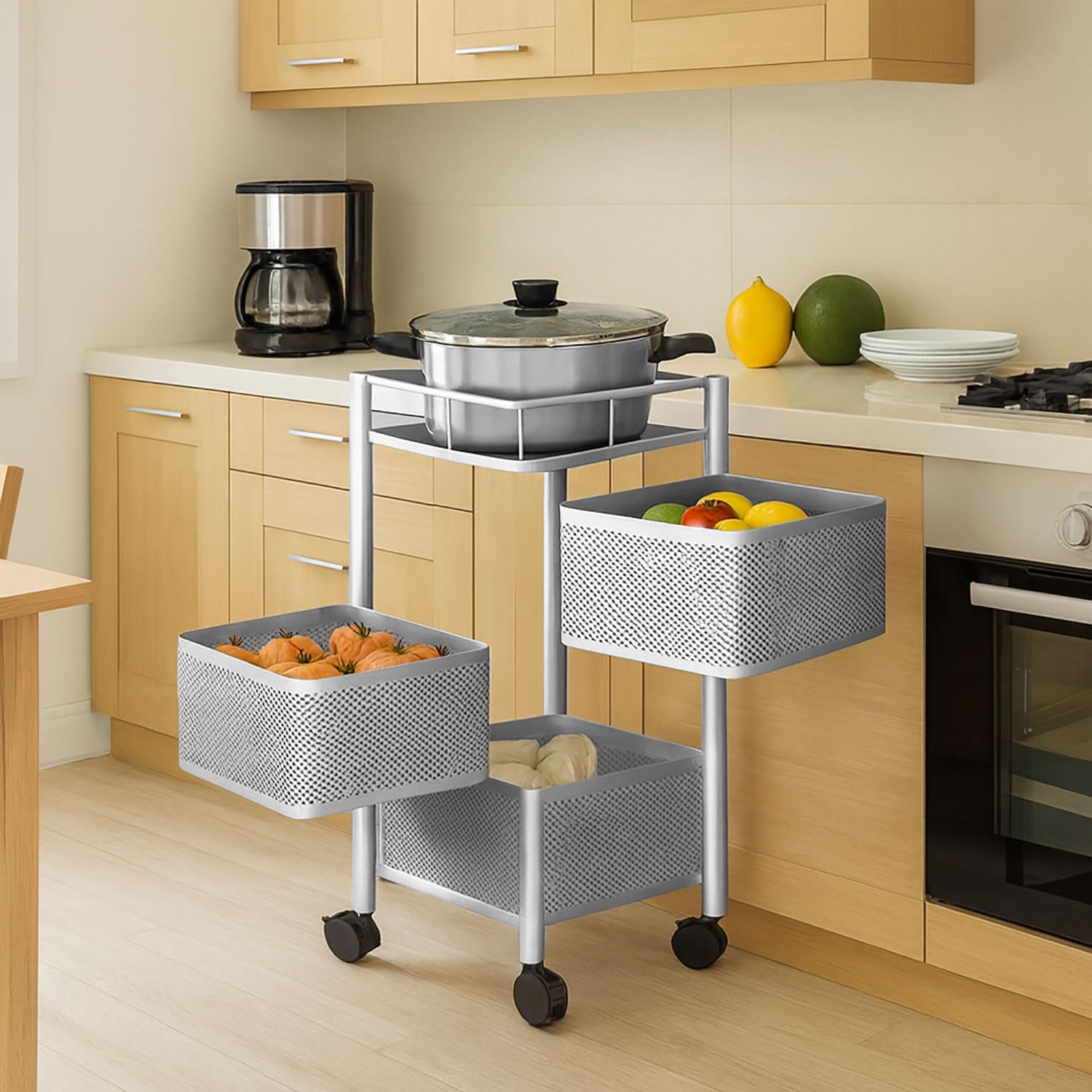 3-Tier Revolving Kitchen Trolley with Wheels (Silver 29x29x65)
