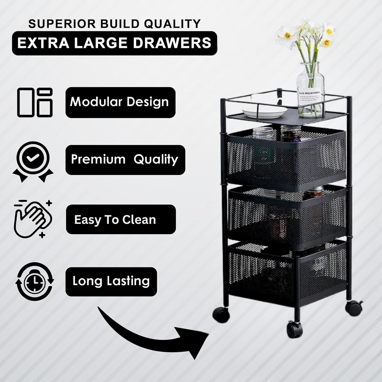 3-Tier Revolving Kitchen Trolley with Wheels (Black 29x29x65)
