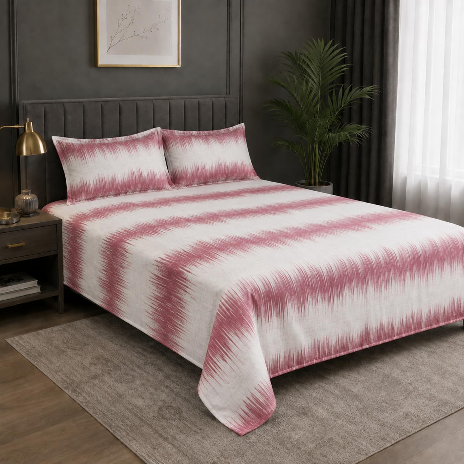 Double Bedsheet with 2 Pillow Covers 220 TC 100% Cotton Feel ( King Size Pink 90x100inch )