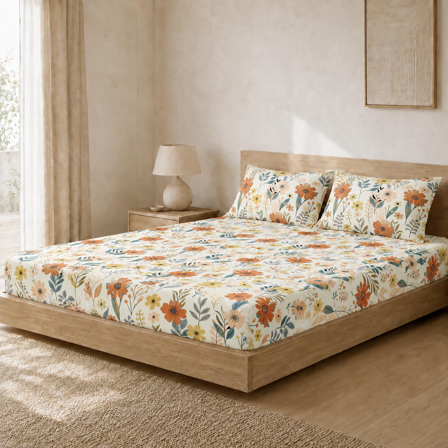 Double Bedsheet with 2 Pillow Covers 220 TC 100% Cotton Feel ( Mustard , 90x100inch )