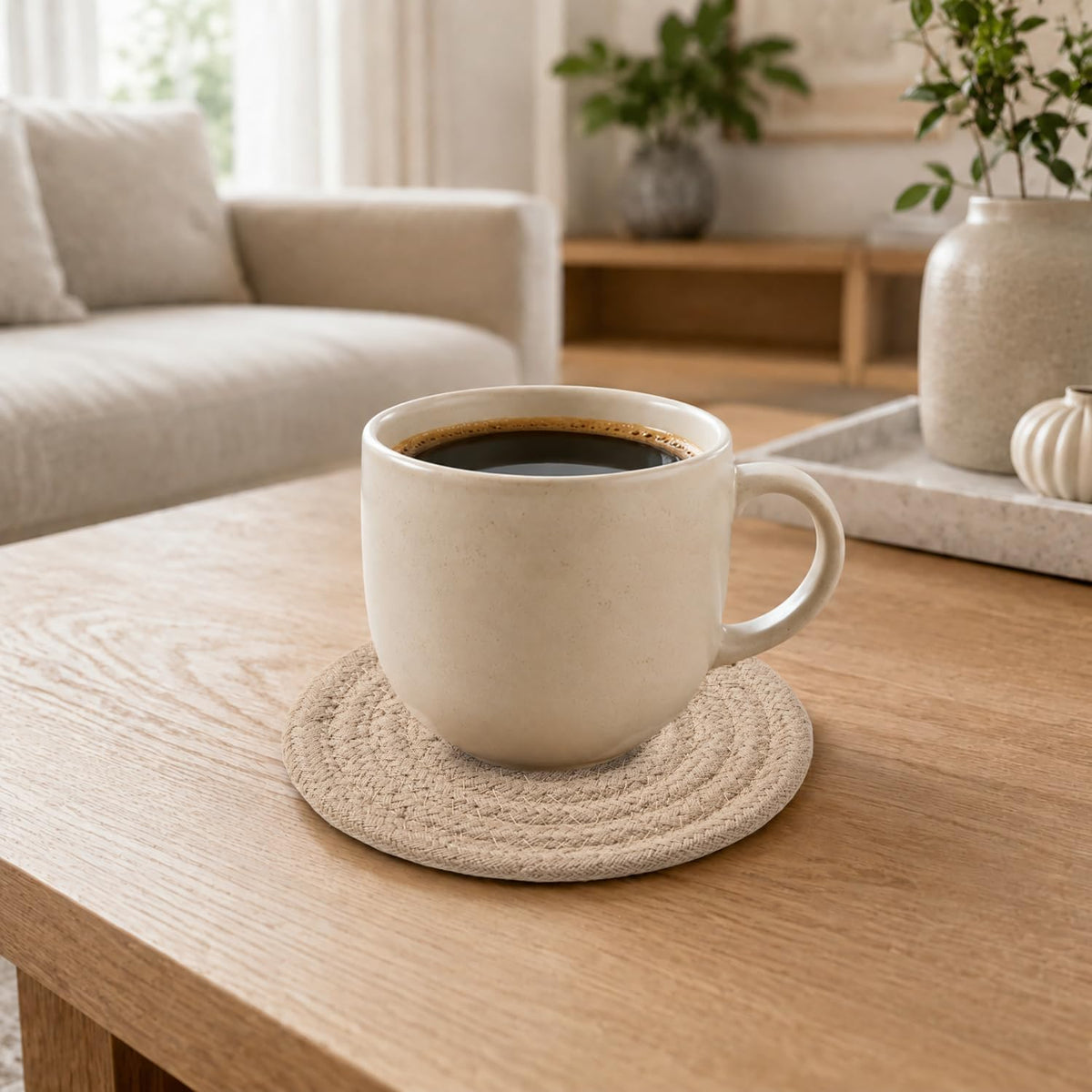 Cotton Braided Coasters Set Of 4 For (10x10cm, Beige)