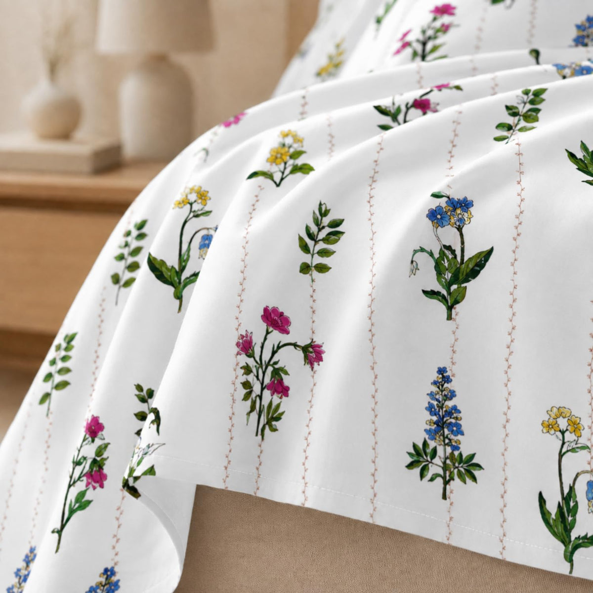 King Size Double Bedsheet with 2 Pillow Covers Wildflower Stripe Printed  90x100inch