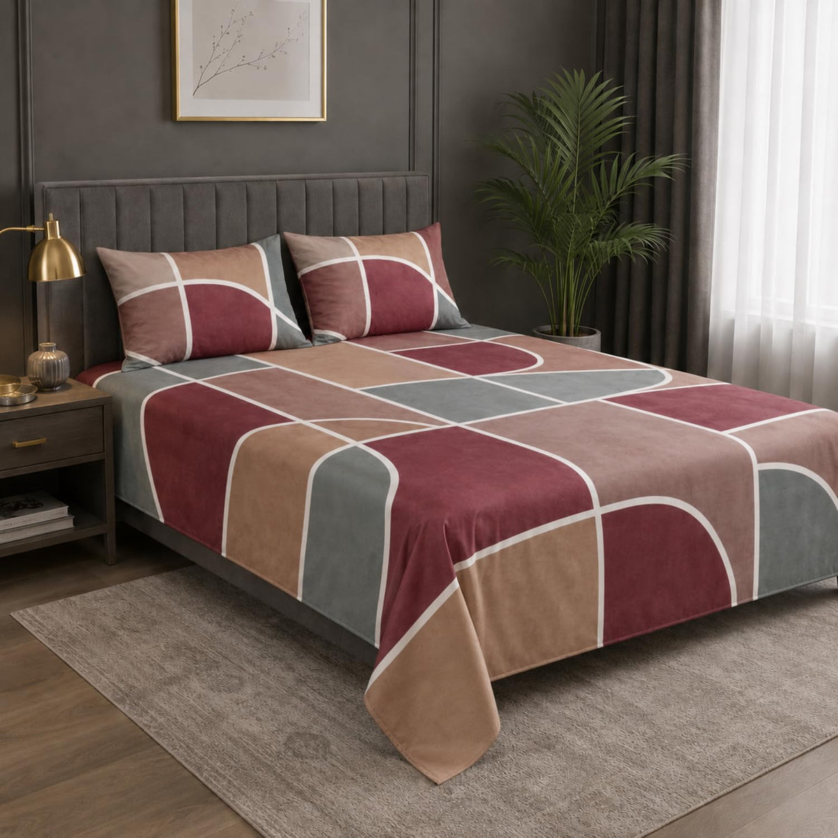 Double Bedsheet with 2 Pillow Covers 220 TC 100% Cotton Feel ( King Size Red 90x100inch )